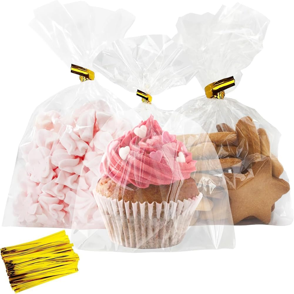 100Pcs Cellophane Bags,Suithink 12X17Cm Transparent Treat Candy Bags with Twist Ties for Small Gift Wrapping, Cookies, Party Favors, Bakery Packaging image number 2