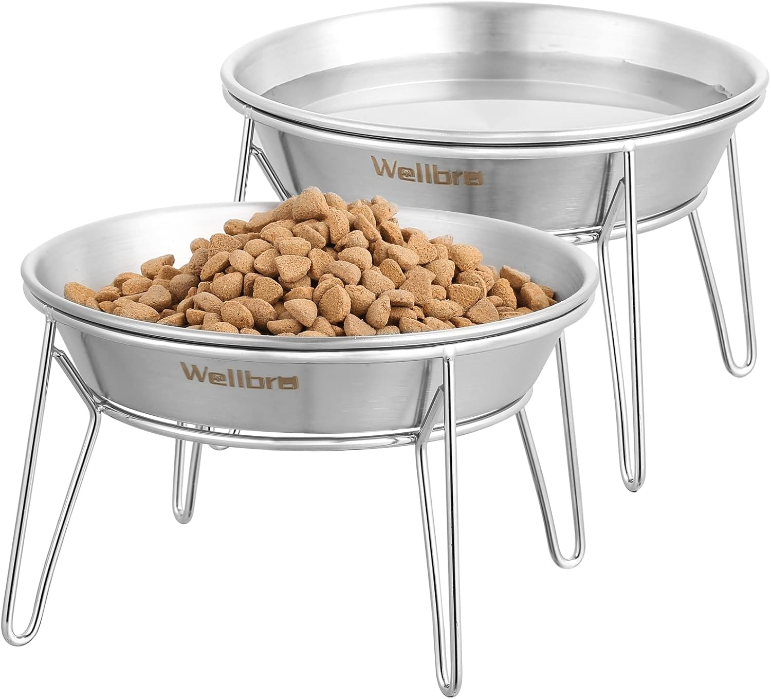 Wellbro Elevated Cat Bowls, 5.9 Inch Wide Stainless Steel Cat Food Bowls with Metal Stand Whisker Stress-Free, Raised Food and Water Dish for Cats, Kitten, Puppies and Small Dogs-2 Pack