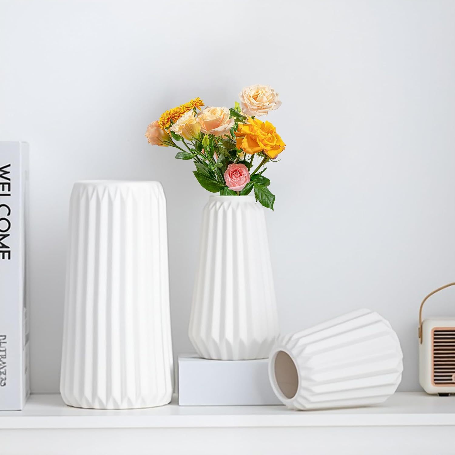 Ceramic Vases Set of 3, White Flower Vases for Home Decor, Modern Boho Farmhouse Style Centerpieces for Wedding, Table, Shelf, Office Decorations image number 1