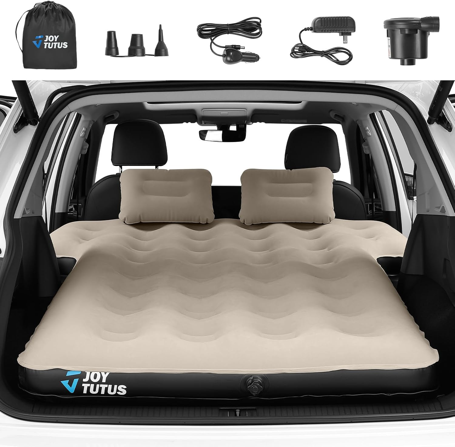 JOYTUTUS SUV Air Mattress Camping Bed,3.0 Thickened Flocking Car Camping Inflatable Mattress,Anti-Leakage,With 2 Pillows & Electric Pump Universal Car Bed for SUV Trunk and Rear Seat,Camel