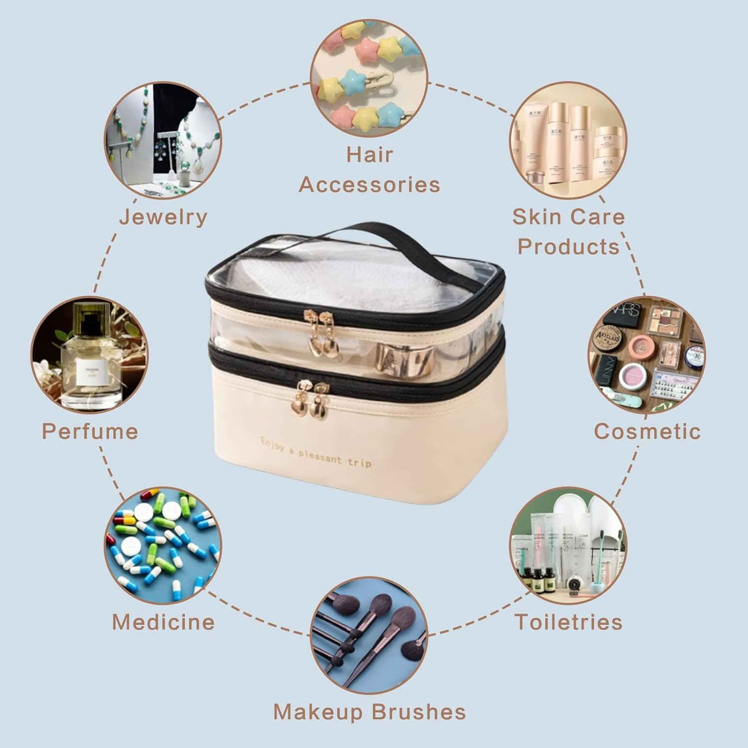 SUSOO 2 in 1 Large Toiletry Bag and Makeup Bag,Portable Double Layer Leather Organizer with Adjustable Dividers and Brush Organize Area for Travel,Skincare Travel Cosmetic Bags for Men&Women(Beige image number 1