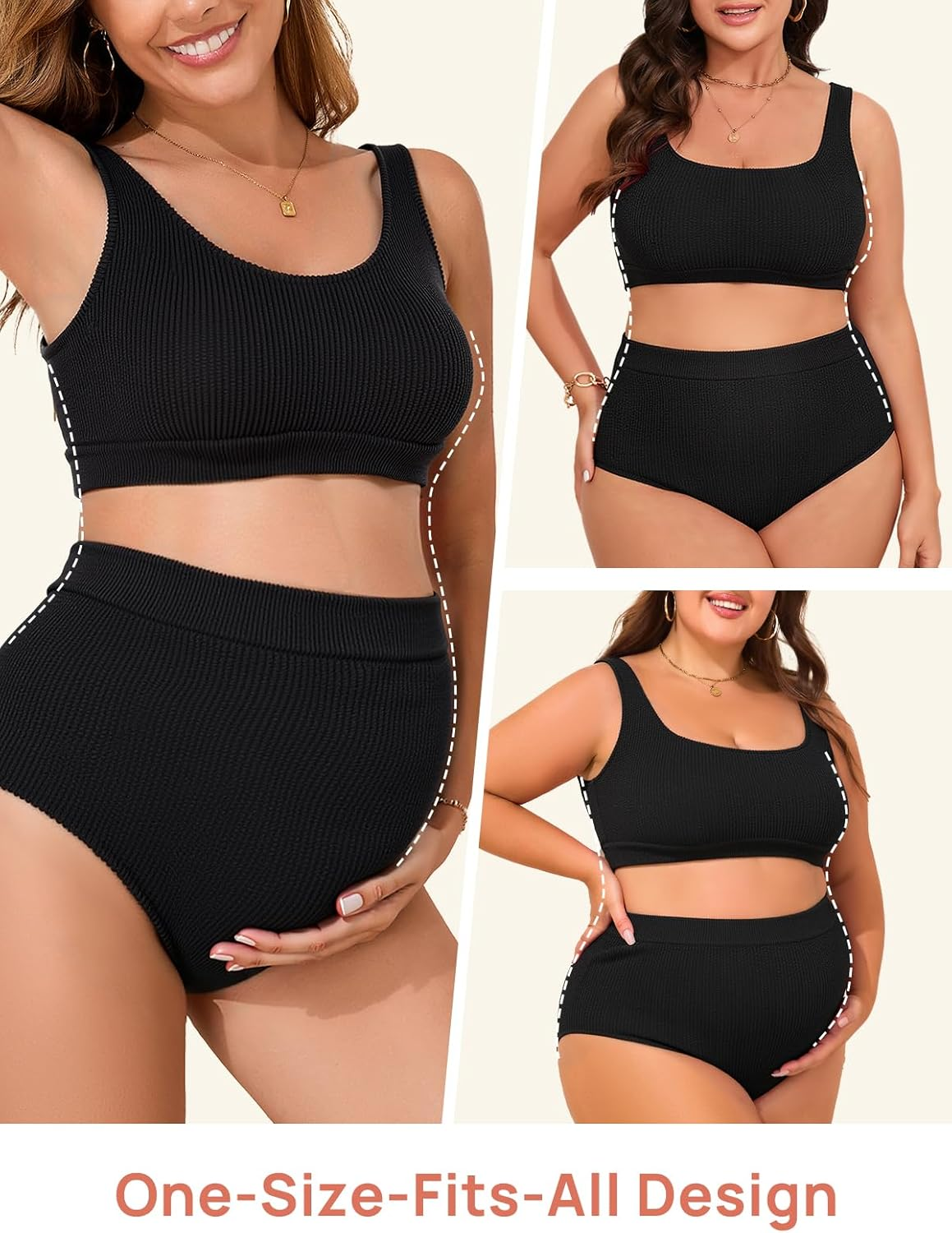 Summer Mae Ribbed Maternity Bikini Swimsuit High Waisted Two Piece Bathing Suit Pregnancy Swimwear One Size Fits S-XL image number 4
