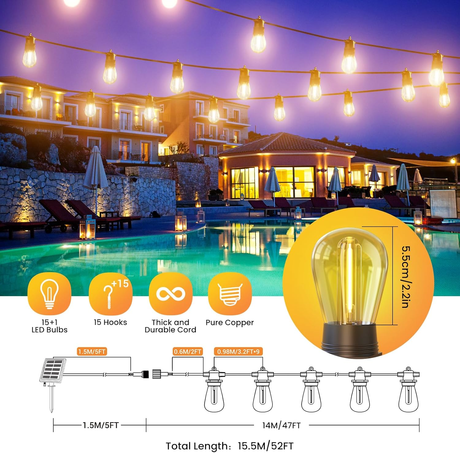 Quntis Solar Festoon Lights Outdoor, 15M Usb-C&Solar Powered String Lights with 15+1 Bulbs, IP65 Waterproof Shatterproof &Auto On/Off Led Lights for Patio Backyard Balcony Gazebo Party, Warm White image number 4