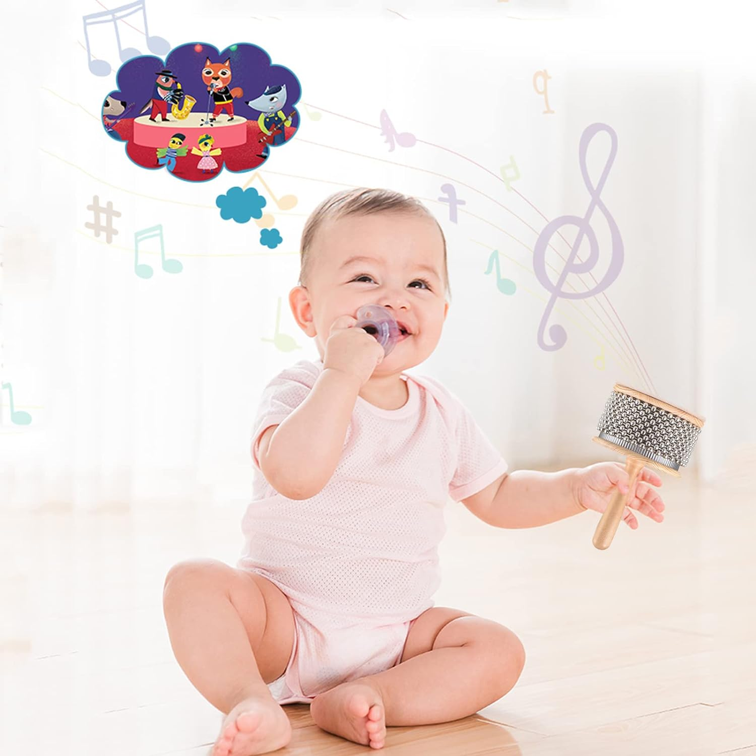 Nurdo Wooden Cabasa Percussion Musical Instrument Metal Beaded Chain&Cylinder Pop Hand Shaker for Classroom Band Medium Size image number 5