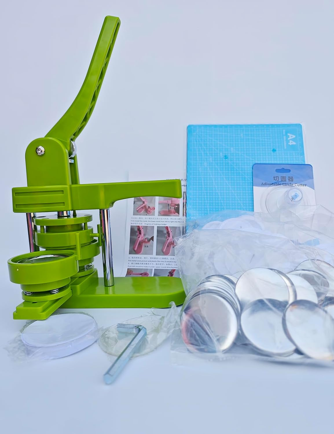 Virellisee Button Maker Machine 58Mm (2.25 In) Installation-Free DIY Button Pin Maker Machine,Green Button Press Machine with Free100 Sets 58Mm Button Maker Supplies&Circle Cutter image number 4