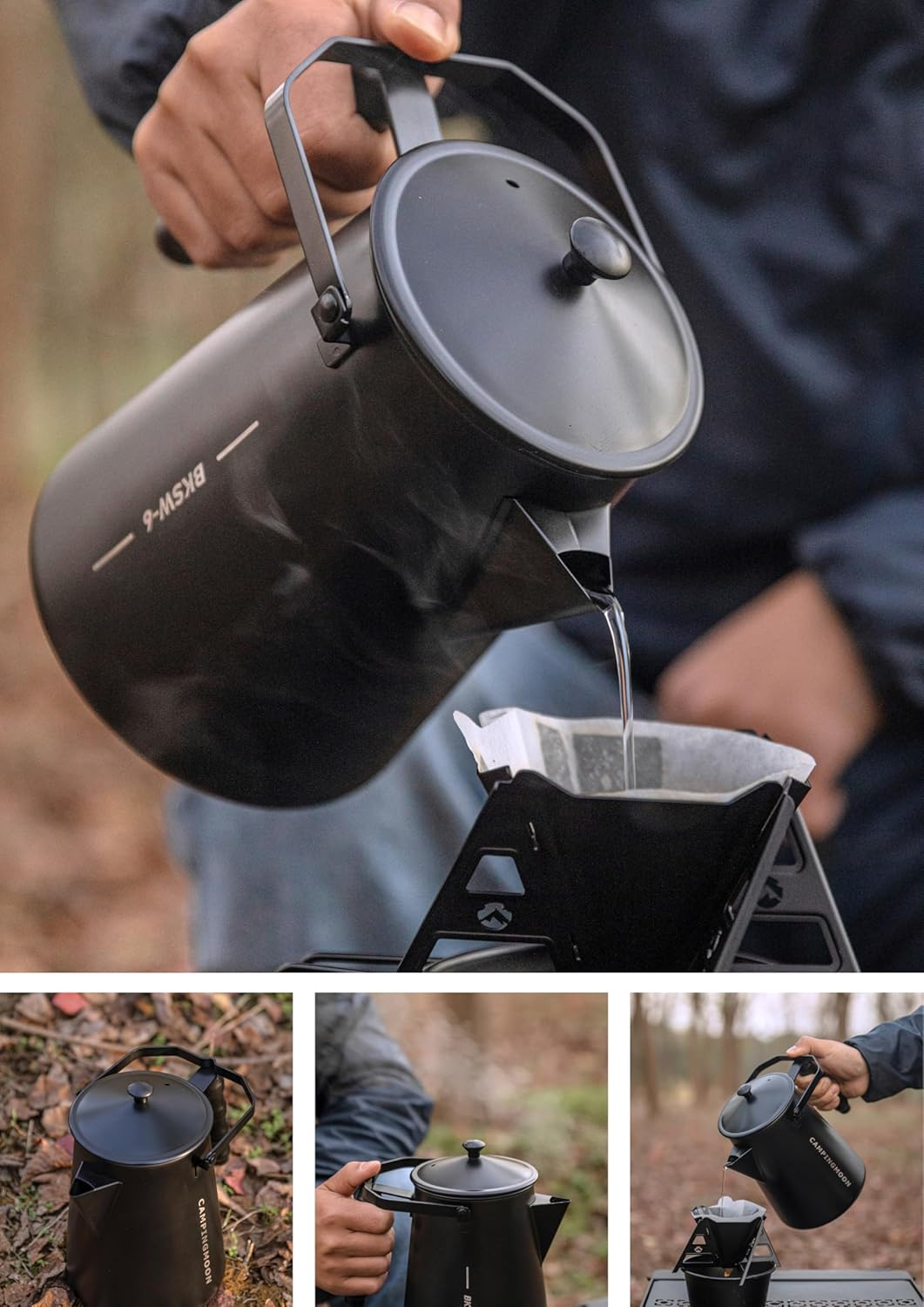 CAMPINGMOON 1.5L Campfire Kettle Stainless Steel Camping Kettle Black BKSW-6 image number 5