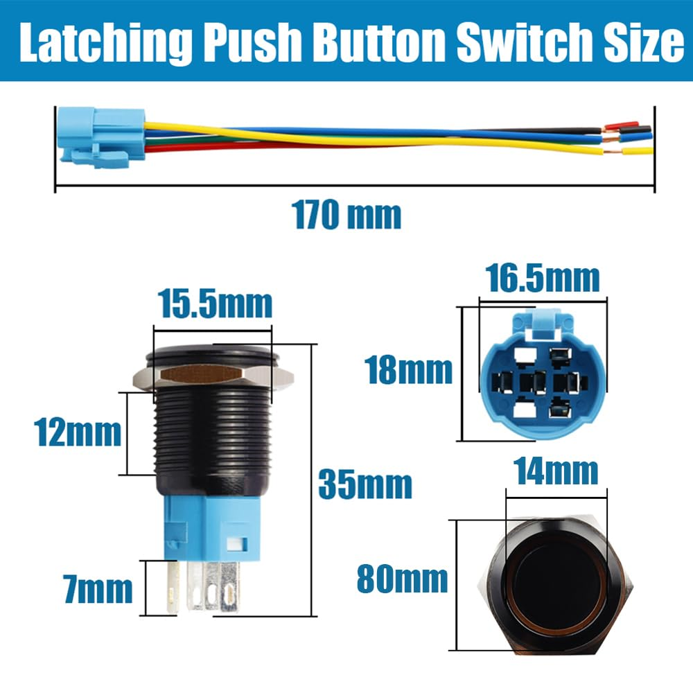 Yakamoz 2Pcs 16Mm Waterproof Latching Push Button Switches, 12V Self-Locking Button on off with Sockets Yellow LED Wiring Harness for Automotive, Marine, Industrial Machinery and DIY. image number 2