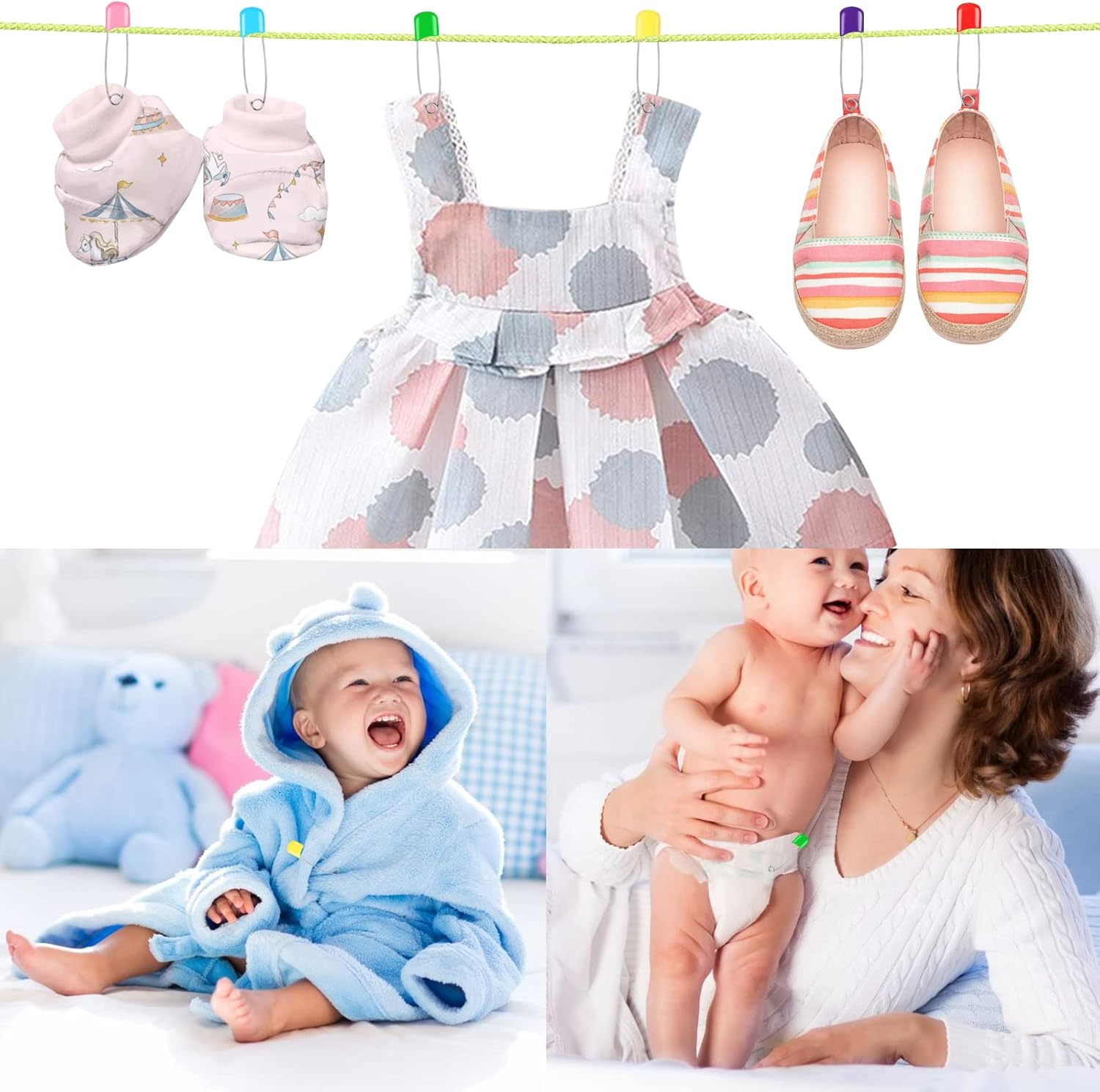 Joyberg 100 Pcs Baby Safety Diaper Pins, Stainless Steel & ABS Plastic, Multicolored, 2.2In, Heavy Duty, Safe Locking Closures, for Cloth Diapers & Crafts image number 1