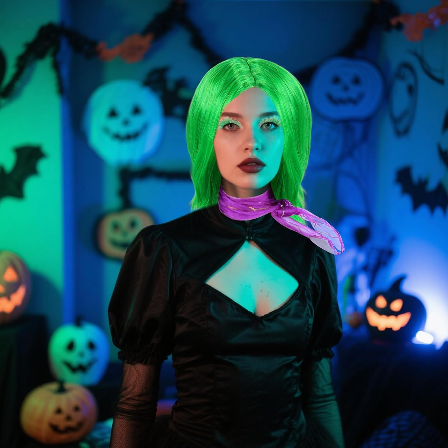 Short Green Wig, Green Wigs with Green False Eyelashes, Purple Scarf and Earrings, Women'S Green Wig Short, Disgust Anime Cosplay Wigs for Halloween Costume Carnival Theme Party image number 3