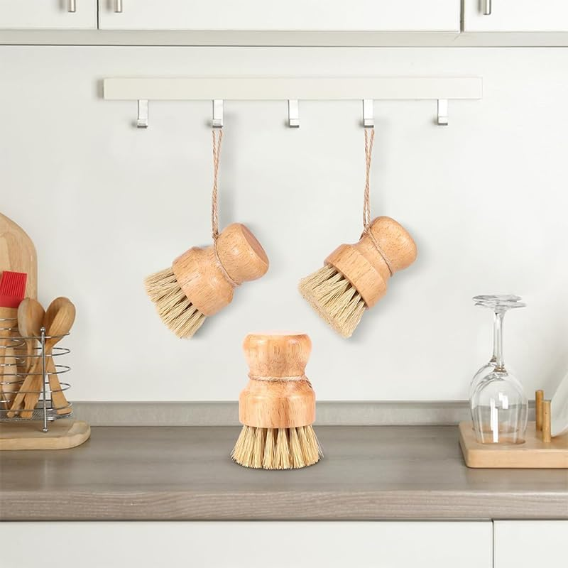 2-Pack Natural Bamboo Palm Pot Brush &ndash; Durable Union & Tampico Fiber Scrubber for Pots, Pans & Vegetables, Eco-Friendly Dish Cleaning Kit
