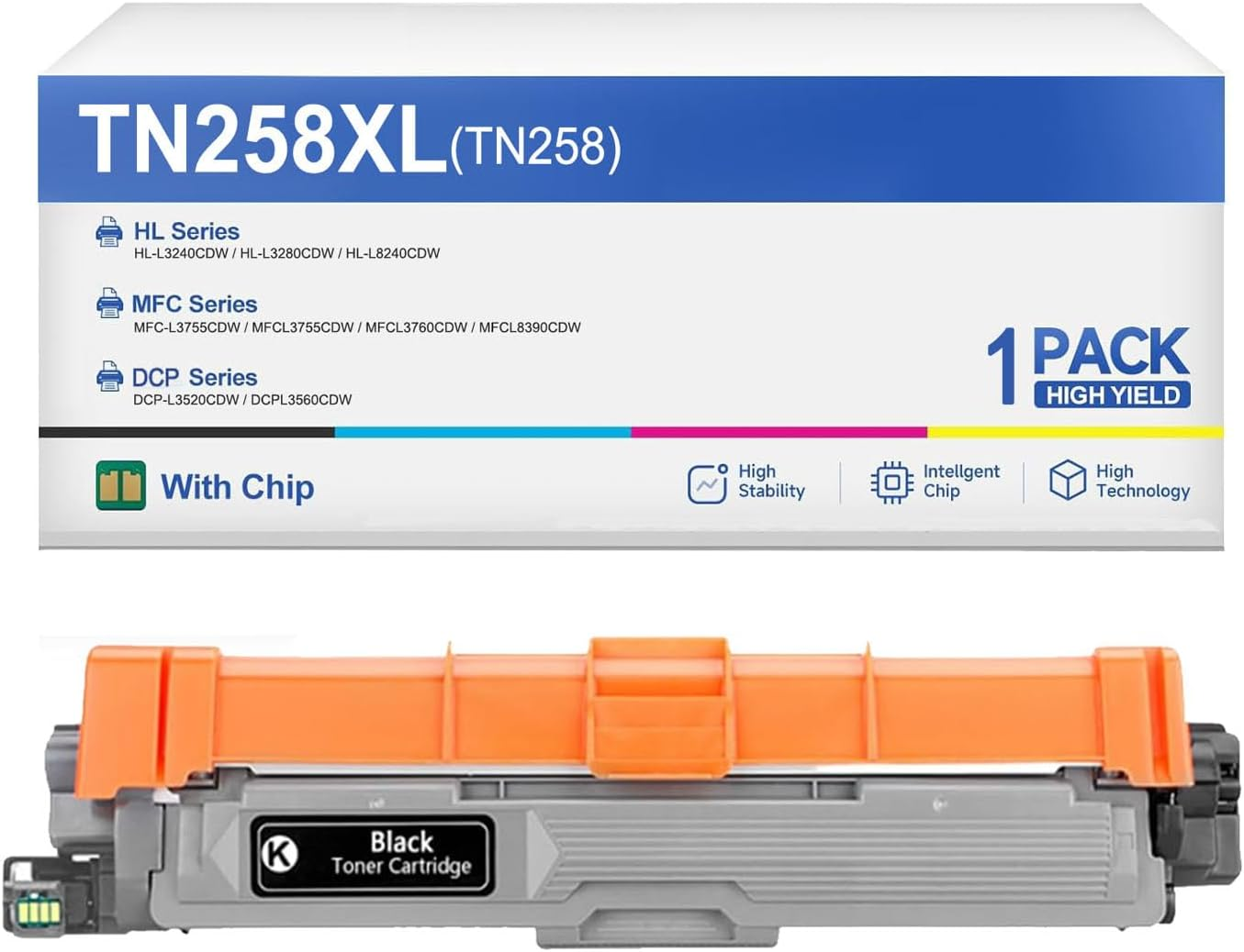 TN258 TN258XL Toner Cartridge Compatible with Brother HL-L3280CDW HL-L3240CDW MFC-L3760C MFC-L8390CDW MFC-L3755CDW DCP-L3560CDW DCP-L3520CDW Printers (Black, Cyan, Magenta, Yellow)
