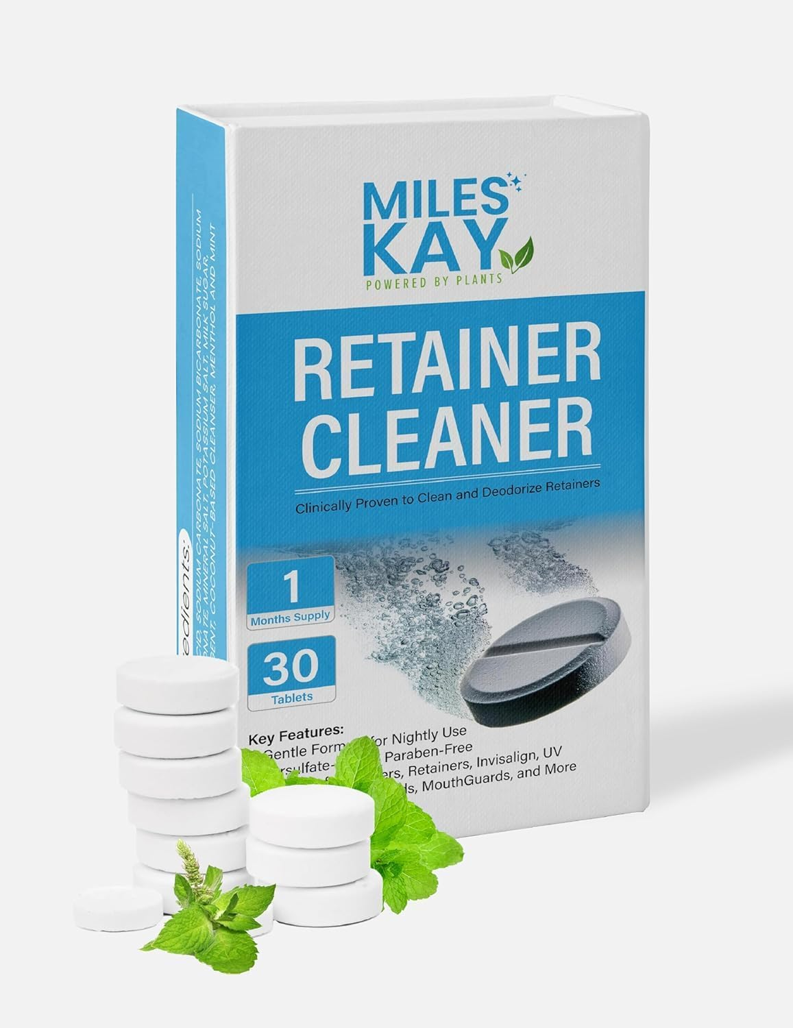 Retainer Cleaner Tablets (30 Pack) Keep Your Retainer Fresh, Brite and Stain-Free. Cleaning Tablets for Retainers, Ultrasonic & Dental Pod Compatible. Fresh Mint | Miles Kay image number 3