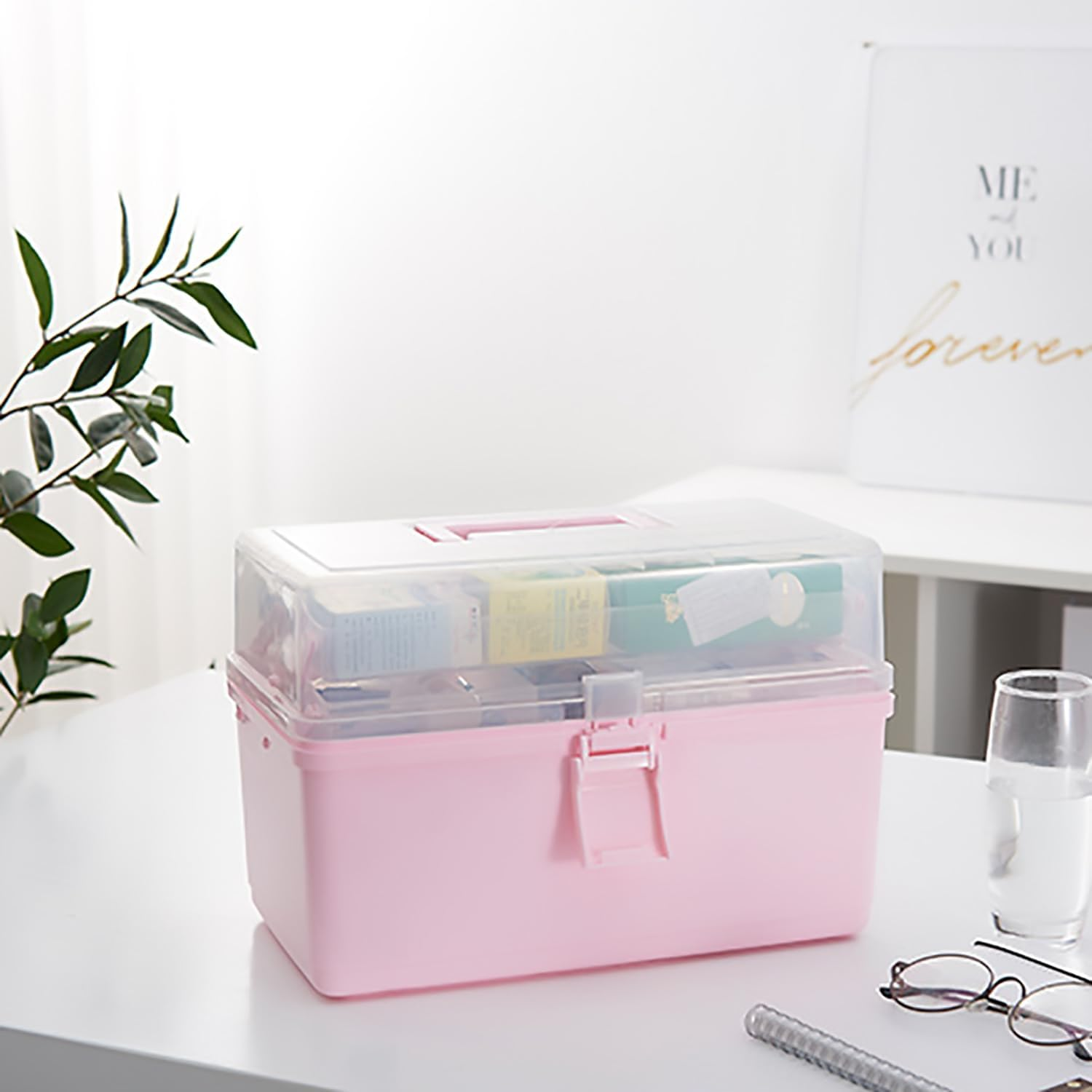 Foldable Multiple Layers Extra Large Plastic Storage Case with Compartments, Crafts Arts Storage Box, Handled Sewing Box, Multipurpose Plastic Box, Pink image number 4