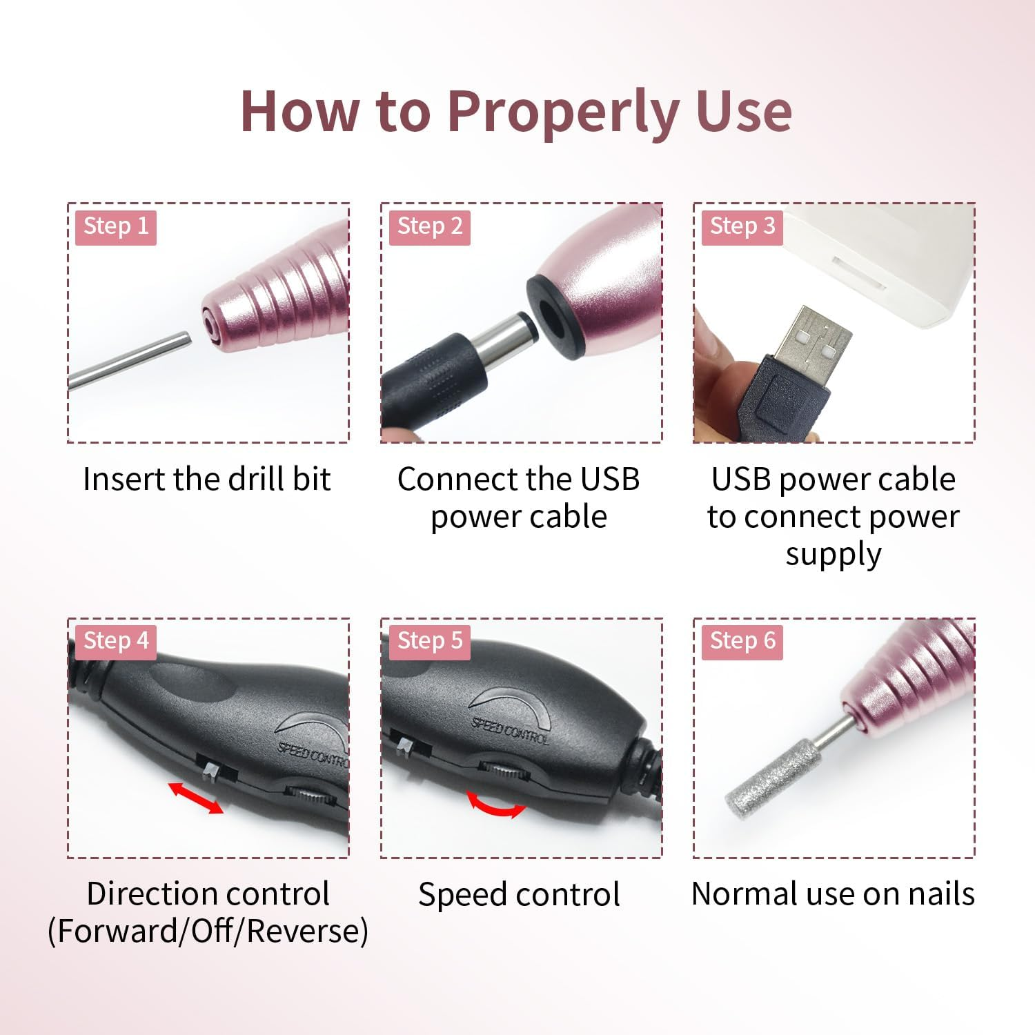 JODSONE Professional Electric Nail Drill 20000RPM Low Noise Work Efficiently with 6 Replacement Drills for Salon and Home Use image number 6