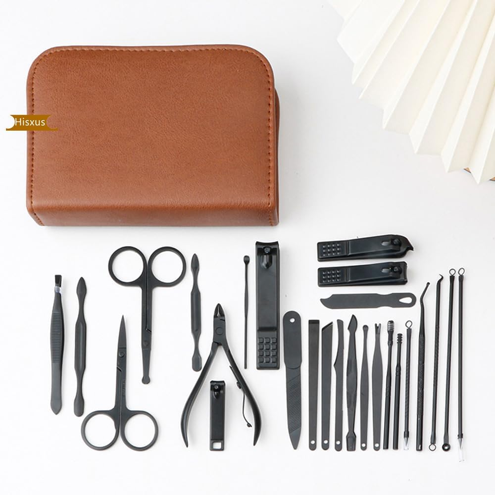 Hisxus Brown Manicure Set Professional Nail Clipper Kit-26 Pieces Stainless Steel Manicure Kit,Nail Care Tools with Luxurious Travel Case for Man&Women Gift