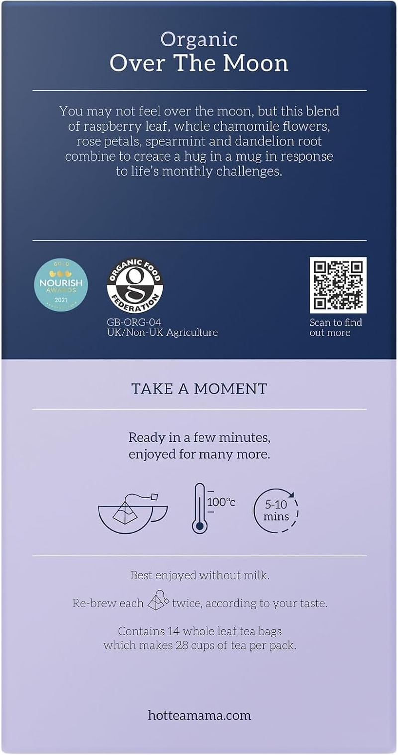 HOTTEA MAMA | over the Moon | Period Support Tea with Dandelion Root, Spearmint, Raspberry Leaf, Rose, Chamomile | 14 Whole Leaf Biodegradable Bags image number 6