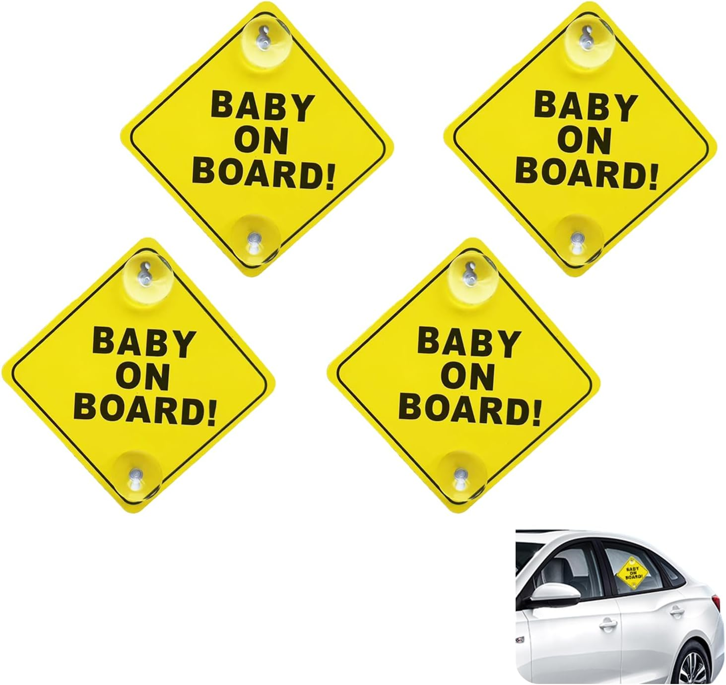 4 Pack for Enhanced Safety Awareness in Vehicles, Bright Yellow Baby on Board Signs with Strong Suction Cups, High Visibility Signs for Parents with Infants or Kids image number 2