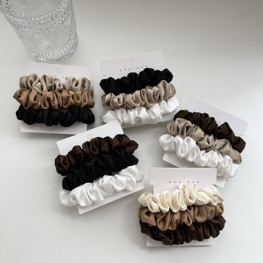 Anevous Pack of 3 Soft Satin Hair Bobbles for Women, Elastic Silk Scrunchies against Frizz and Hair Breakage, Hair Scrunchies for Night Use, for Sleep and Ponytail, Coffee Black White