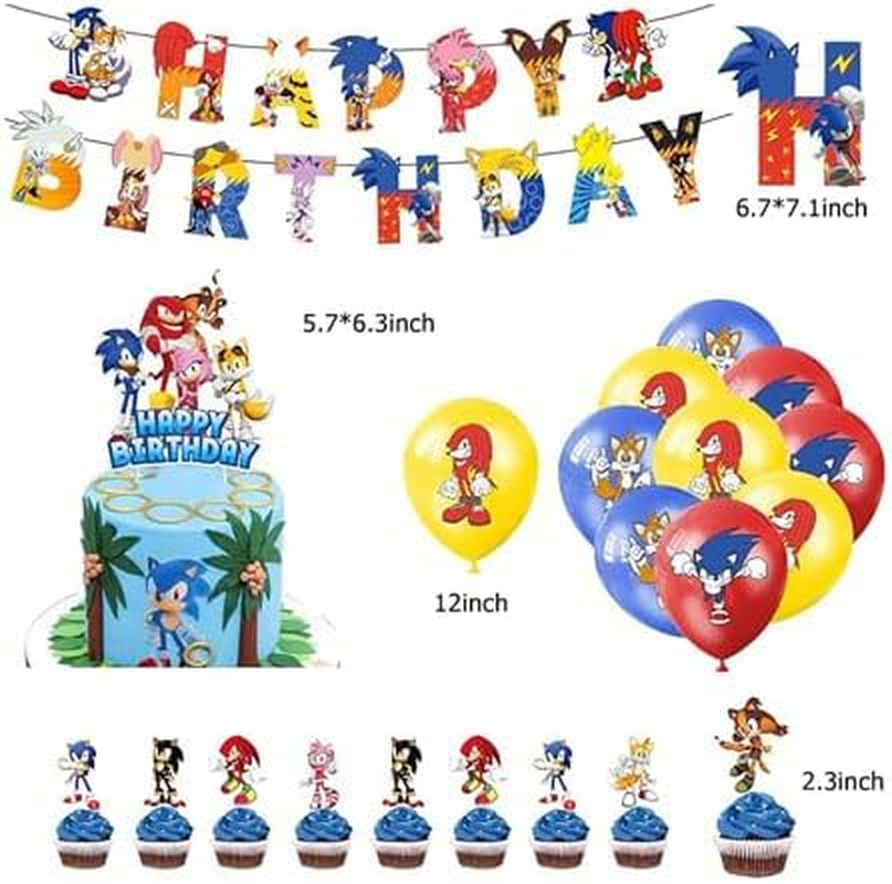 Sonic Hedgehog Birthday Decoration Set - Party Supplies with Balloons, Cake Topper, and Banner
