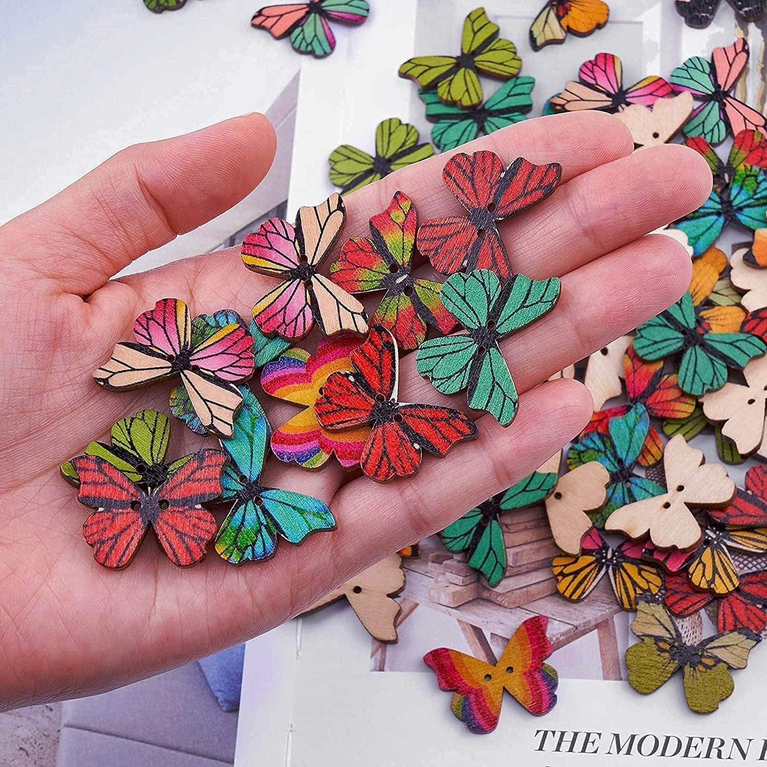 Wooden Butterfly Buttons for Crafts, 200Pcs DIY Vintage Wood Butterfly Cute Insect Buttons for Sewing 1 Inch Colorful 2 Holes Small Cartoon Decorative Buttons for Crafts Clothes Accessories image number 5