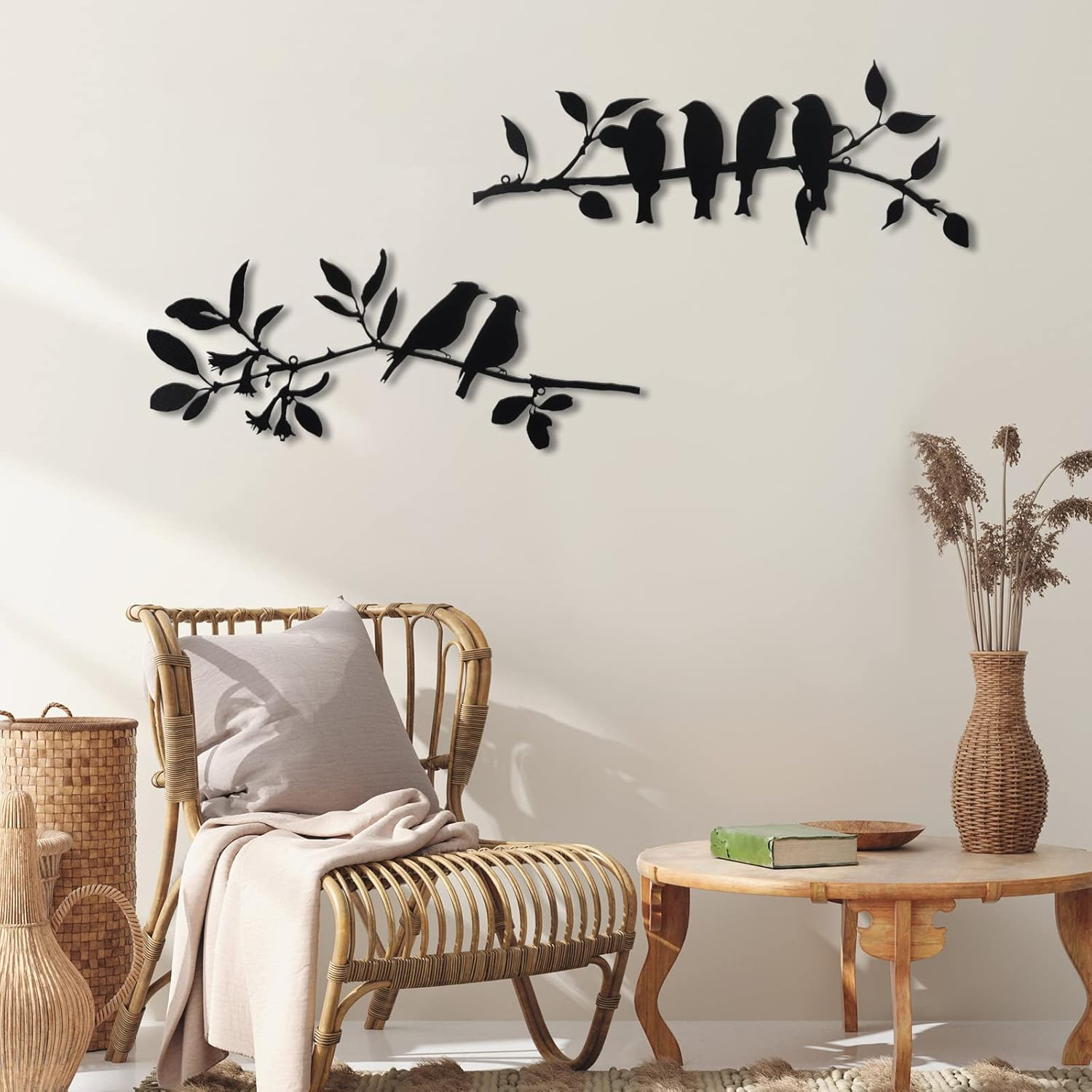 2 Pcs Metal Birds Wall Art - Vivid Birds on Branch, Hanging Leaves with Birds - Outdoor/Indoor Wall Decor, Rustic Bird & Leaf Decor for Balcony or Garden (Color: image number 5