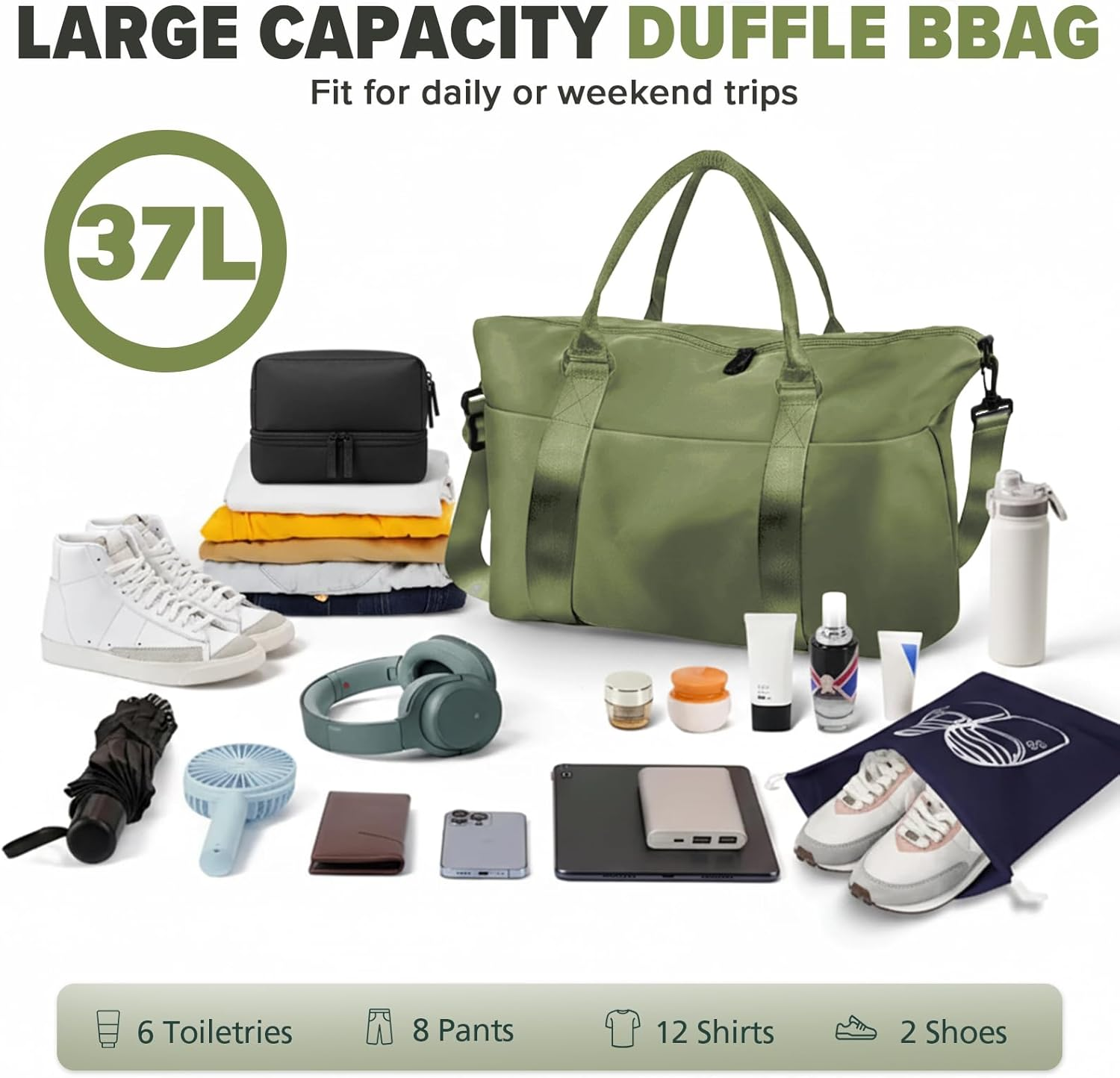 Travel Duffel Bag, Weekender Travel Bag Men Small Gym Bag for Women, Hospital Bag for Labor and Delivery, Overnight Bag Luggage Bag with Trolley Sleeve, Airplane Travel Essentials for Flying, Green - Arpicot Yellow image number 5