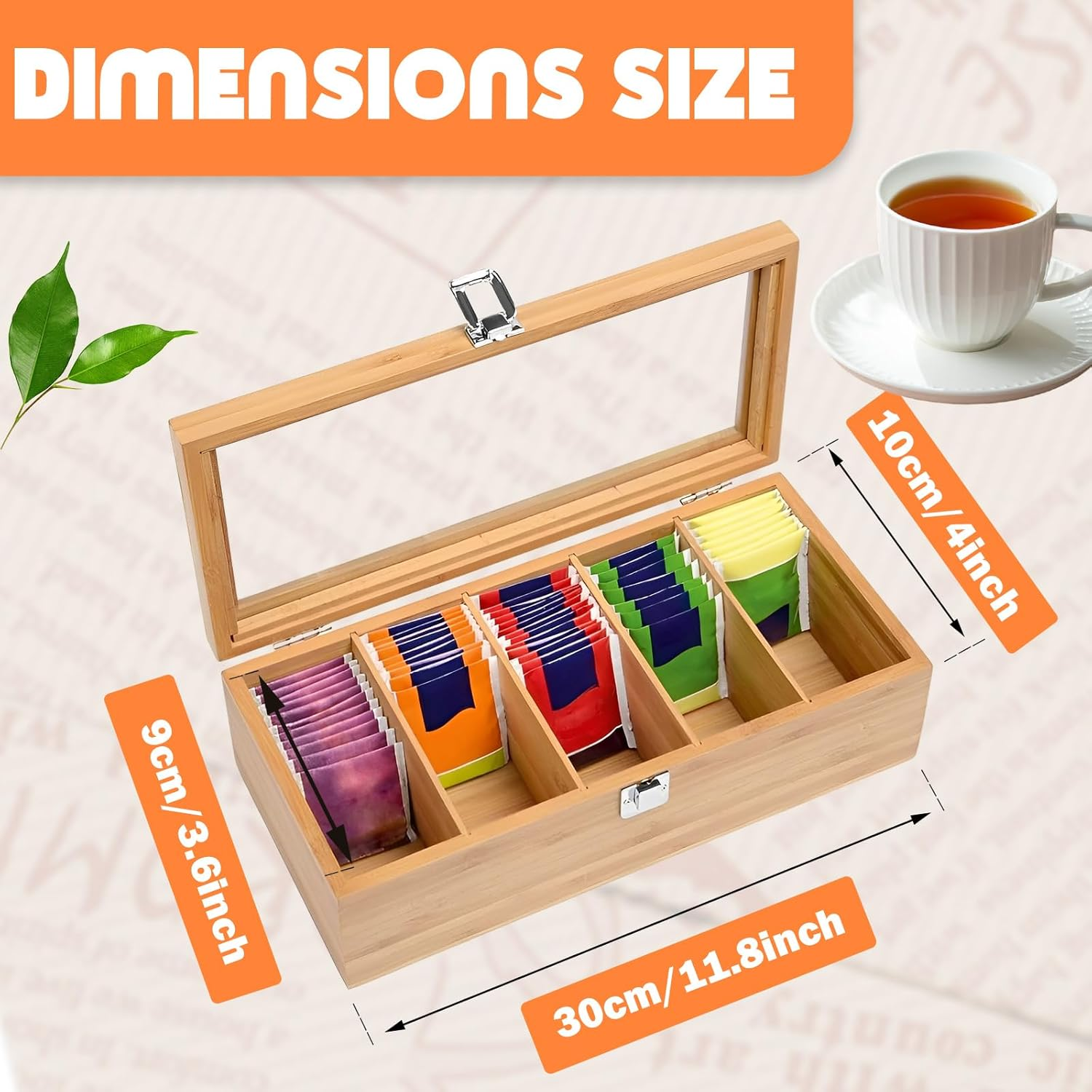 Bamboo Tea Bag Organizer Storage Box 5 Compartments Tea Box Storage Organiser Wooden Teabox with Clear Lid Portable Teabag Holder for Home Countertops Office Collections Sugar Packets image number 4
