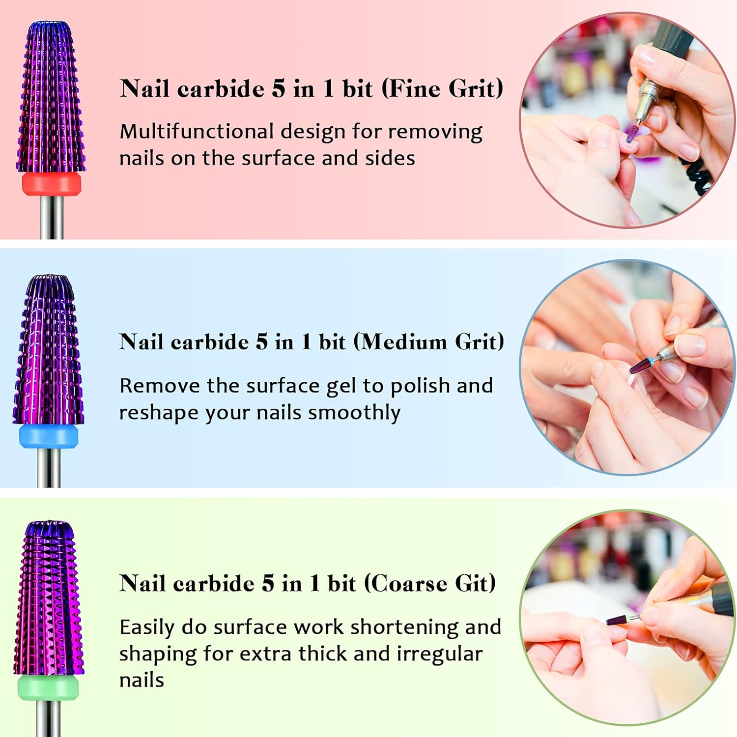 3 Pieces Nail Carbide 5 in 1 Bit, Nail Drill Bits Set-2 Way Rotate Use for Both Left to Right Handed, 3/32 Inch Shank Size Drill Machine for Fast Remove Acrylic or Hard Gel (Purple)