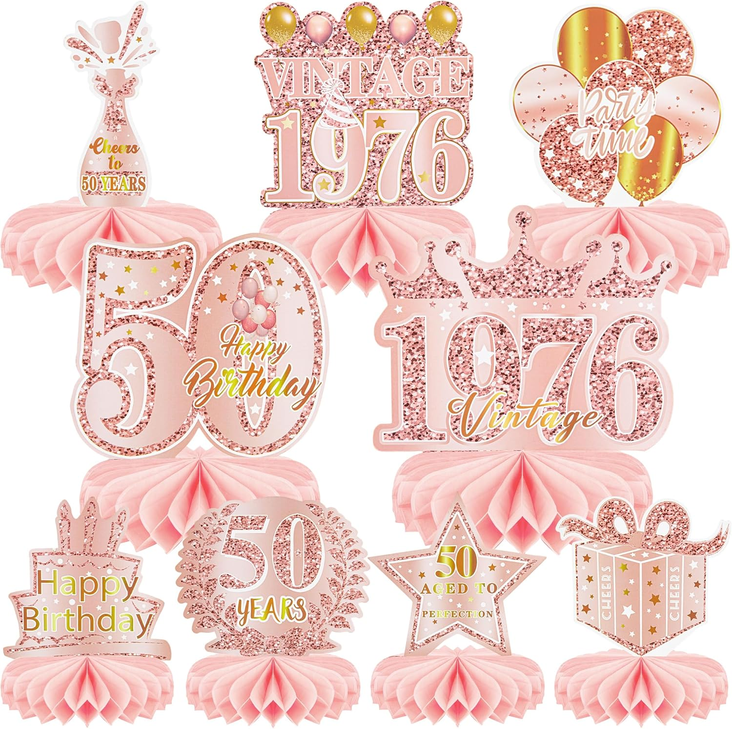 9 Pcs 50Th Birthday Decoration for Women Happy 50Th Birthday Table Honeycomb Decorations Rose Gold Pink Centerpieces Tables Toppers 1975 Decor Cheers to 50 Years Old Birthday Party Favors