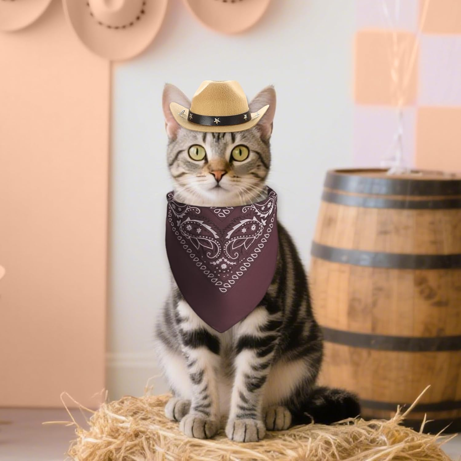 Laventy Cowboy Hat for Cats Brown Bandana Mini Pet Cowboy Costume for Halloween Party Decoration image number 1