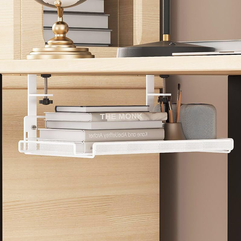 2 Pack under Desk Cable Management Tray No Drill, Under-Desk Cable Organiser for Cord Management, Ultra-Rugged Desktop Cable Rack with Clips, Standing Desktop Cable Manager (Black, L)