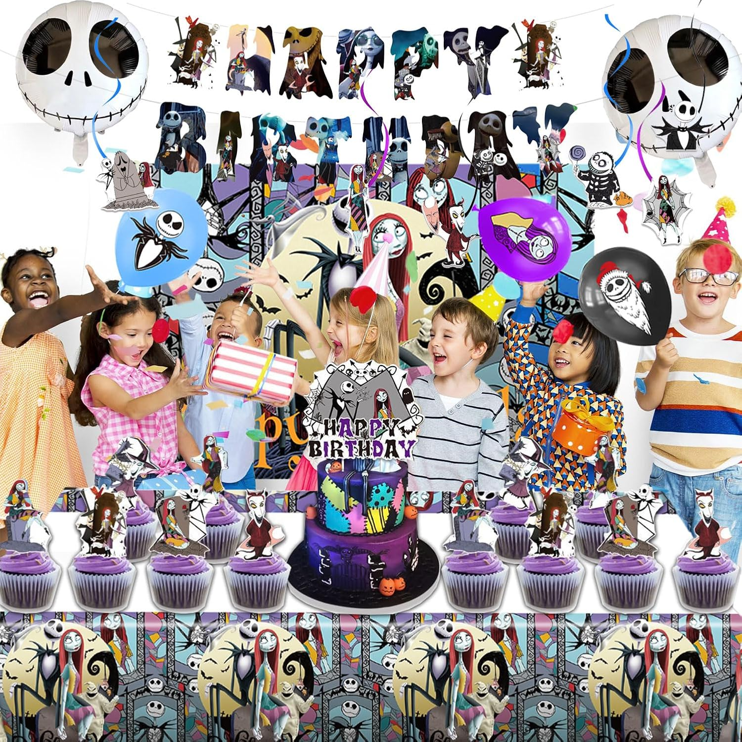 Birthday Decorations, Nightmare Christmas Party Supplies Halloween Birthday Party Decorations Set Includes Banner Balloons Tablecloth Backdrop Hanging Swirls Cake Toppers (42PCS) image number 3
