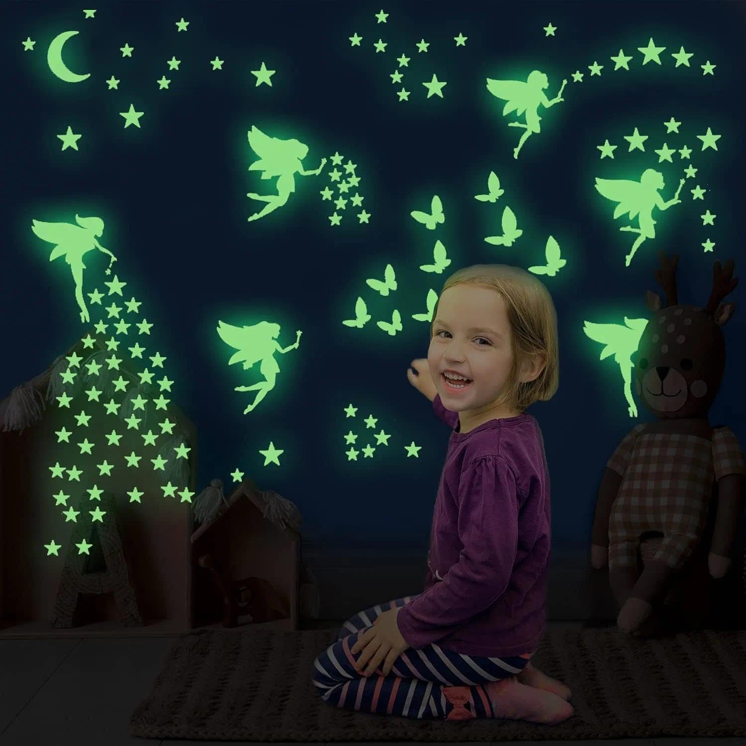 Luminous Wall Decals for Kids Room - Glow in Dark Fairy Butterfly Star Moon Flower Stickers, Waterproof Nursery Bedroom Ceiling Decor Ermaoo