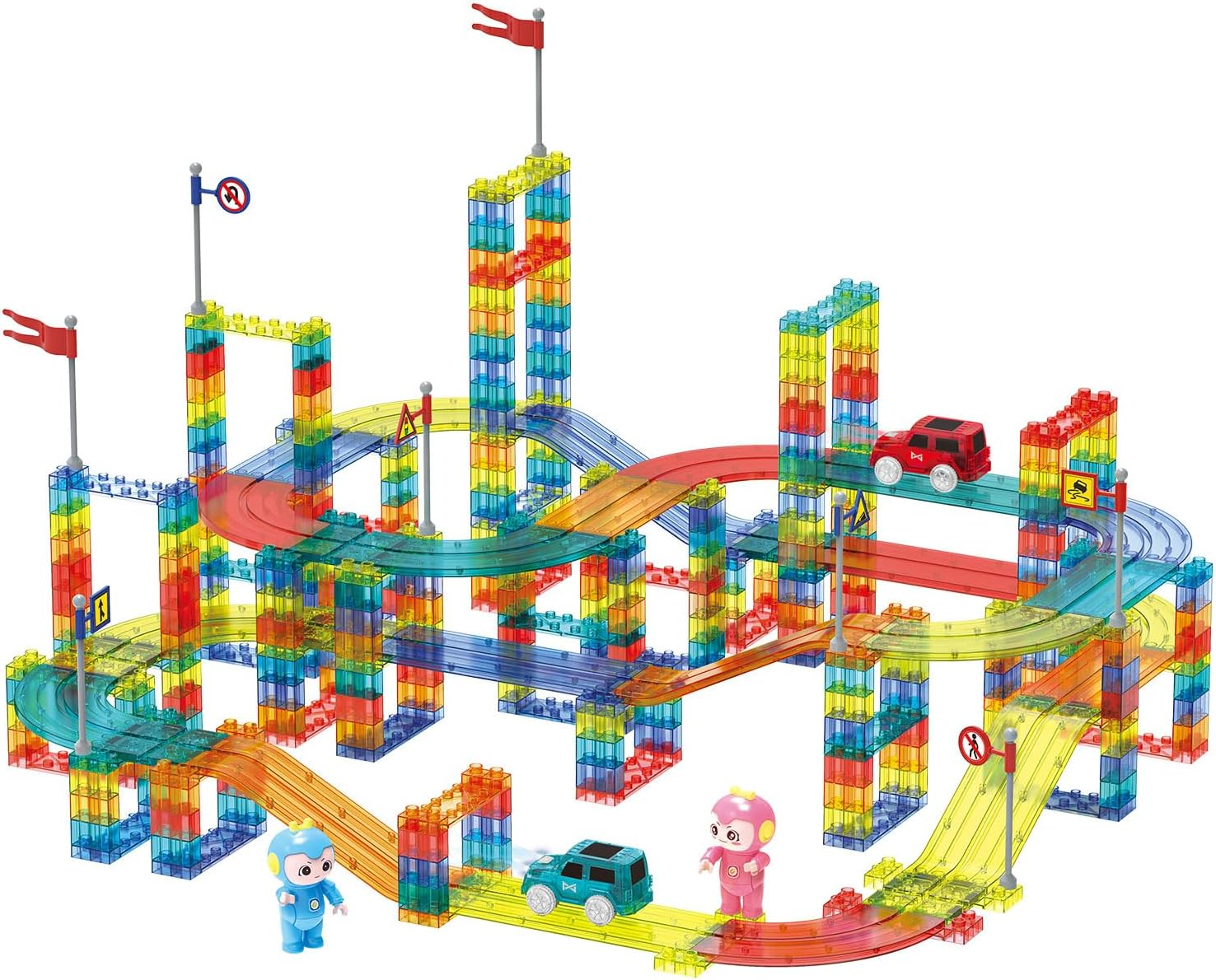 348PCS Magnetic Tiles Blocks Railcar, Construction Car Track Set with Car and Roads Signs, Building Toys Set for Kids, Playset STEM Learning Kit Child Brain Development over 3 Years Old Boys Girls image number 6