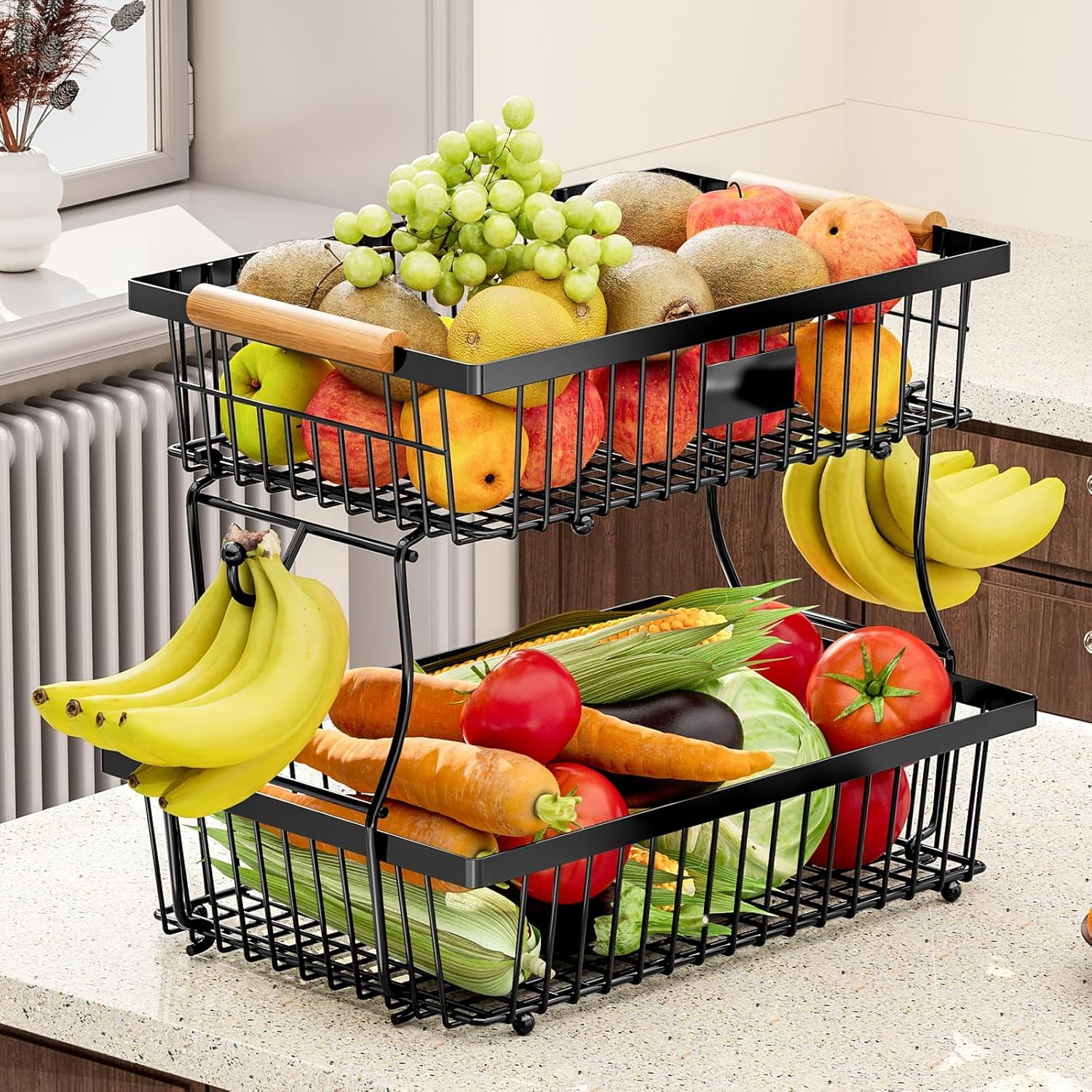 2 Tier Countertop Fruit Basket Bowl with 2 Banana Hangers, Kitchen Counter Metal Wire Fruit Storage Basket Stand Holder Organiser for Bread Snacks Veggies Produce