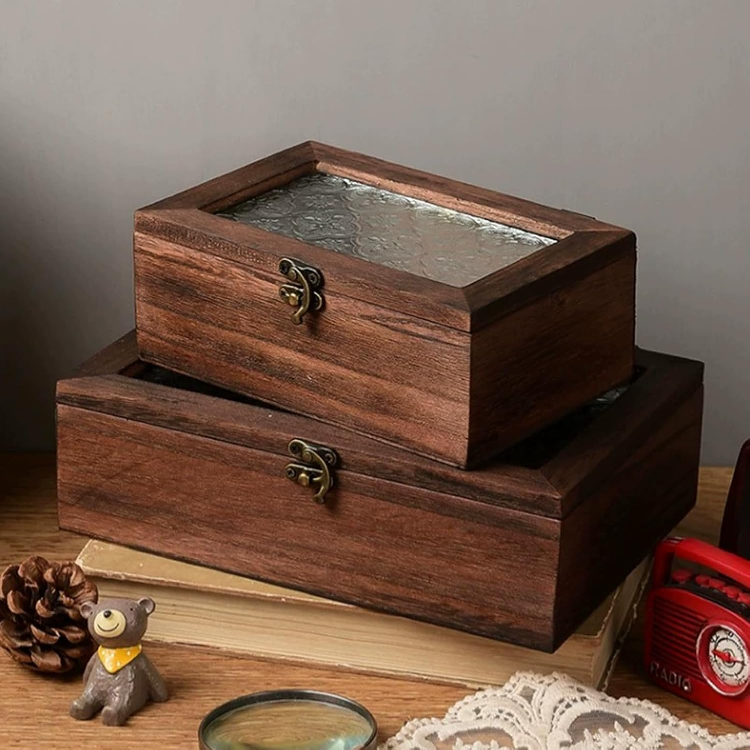 40Pcs Small Antique Hinges and 20 Set Bronze Tone Right Latch Hook Hasp Wood Jewelry Box Hasp Catch Decoration with Replacement Screws image number 3