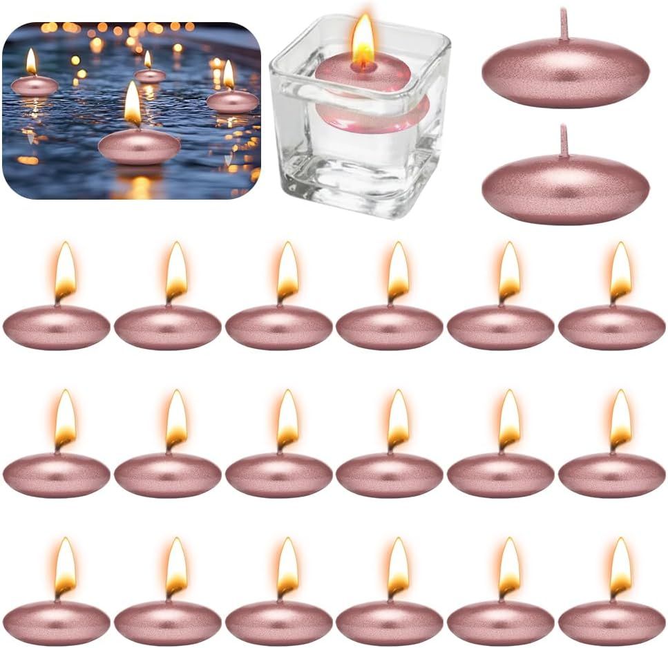 Pack of 20 Floating Candles Metal Candles Rose Gold Unscented Floating Candles Metallic 37 Mm Decorative Floating Candles for Wedding Pool Parties Spa Bathtubs Valentine'S Day Christmas Decoration
