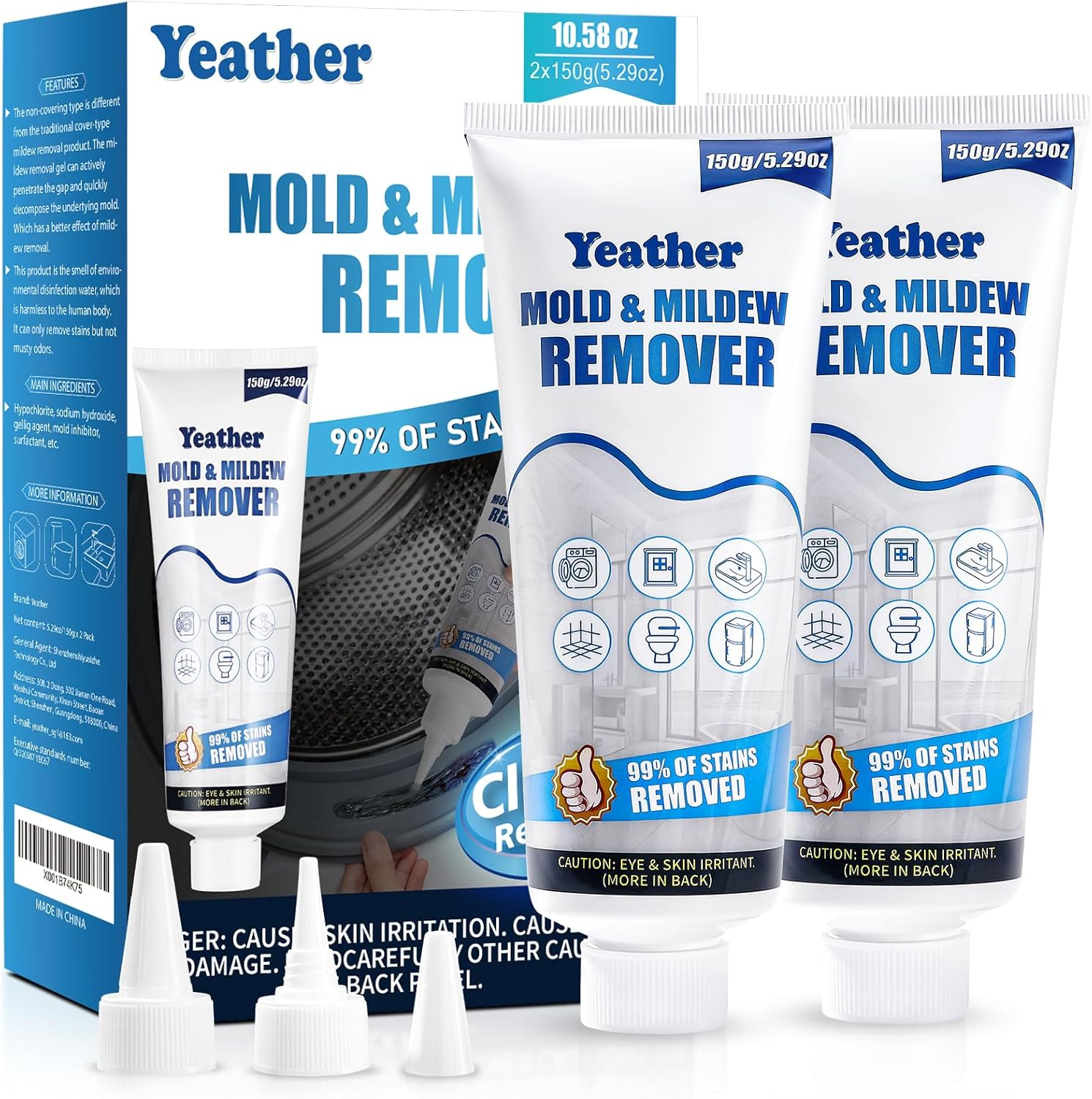 Yeather 300G (2X150G) Mould Remover Gel - Home Mold & Mildew Stain Remover Gel for Washing Machine Seals, Refrigerator Strips, Tile Gaps, Kitchen, Showers, Household & Cleaning