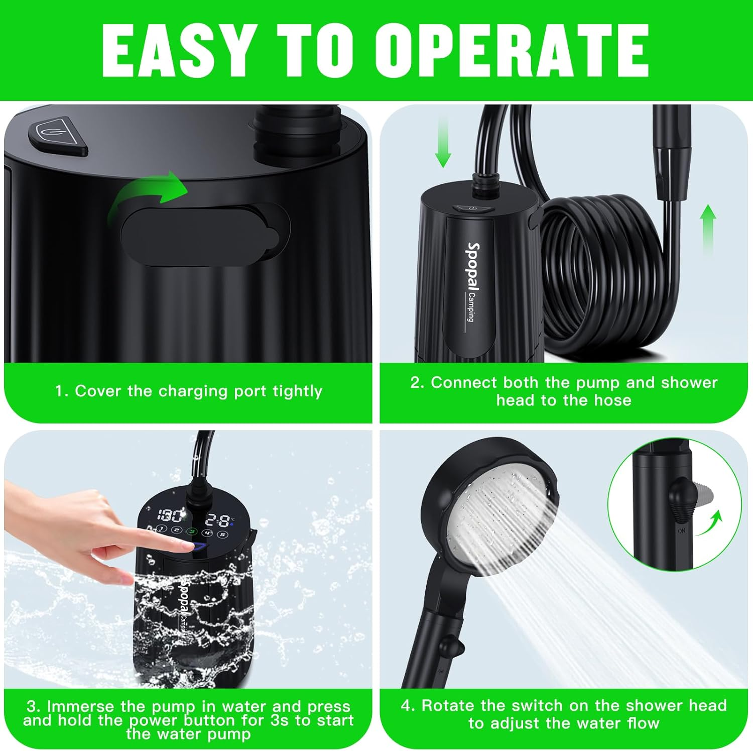 Portable Camping Shower, [10000Mah Long-Lasting] [Intelligent LED Display] Spopal Rechargeable Portable Shower Pump with 20L Water Bucket, 5 Speed Mode, for Camping, Travel, Hiking, Car & Pet Clean image number 3