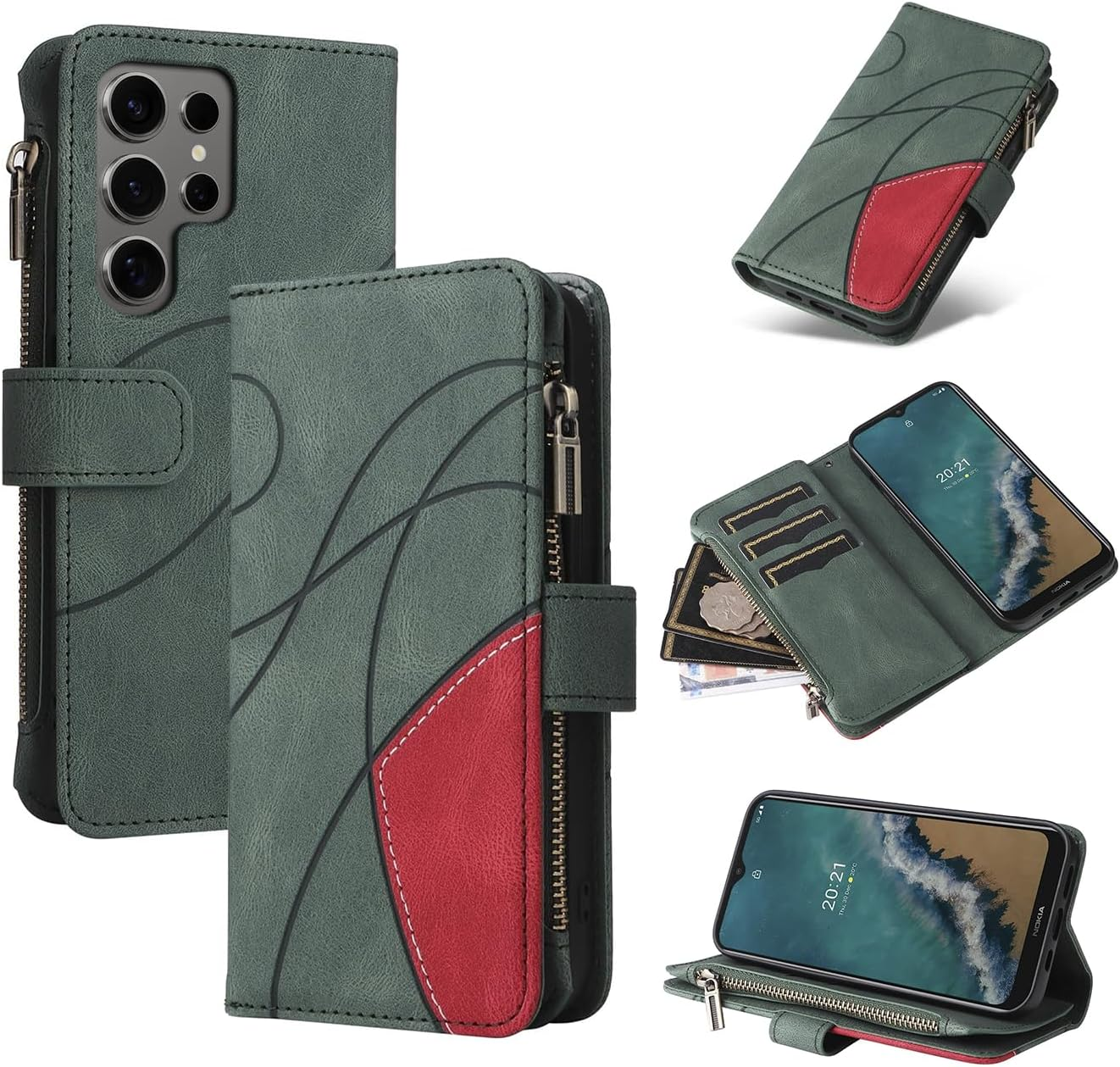 Design Piece of Leather-Like Wallet Phone Case for Samsung S24 Ultra with 5 Card Slots, Zipper Pocket, Kickstand and Magnetic Lock