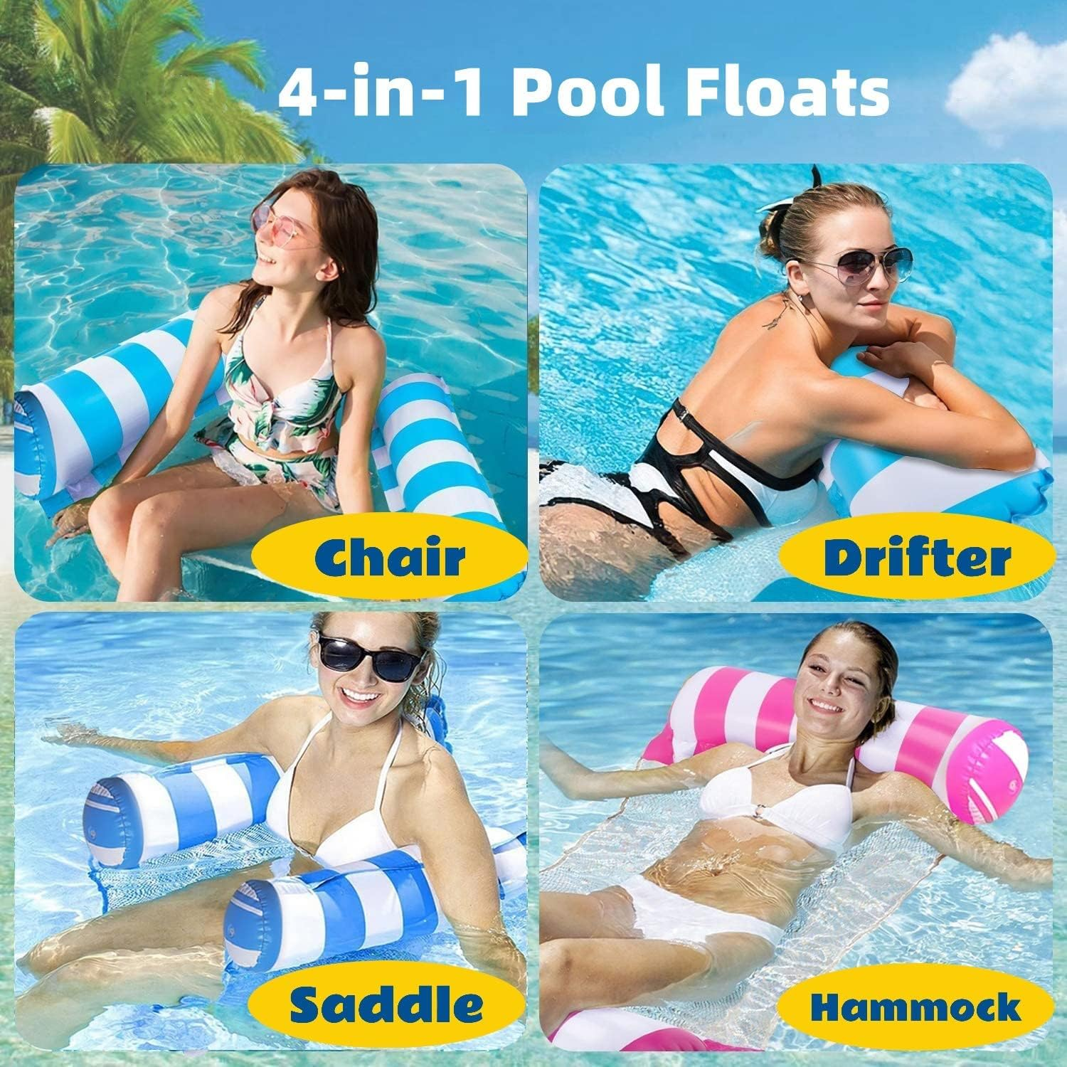 2 Pack Inflatable Pool Floats 4-In-1 Pool Hammock with Bottom Mesh 3 Tubes Inflatable Hammock for Adults,Portable Floating Chair Bed for Travel, Swimming Pool Hot Tub