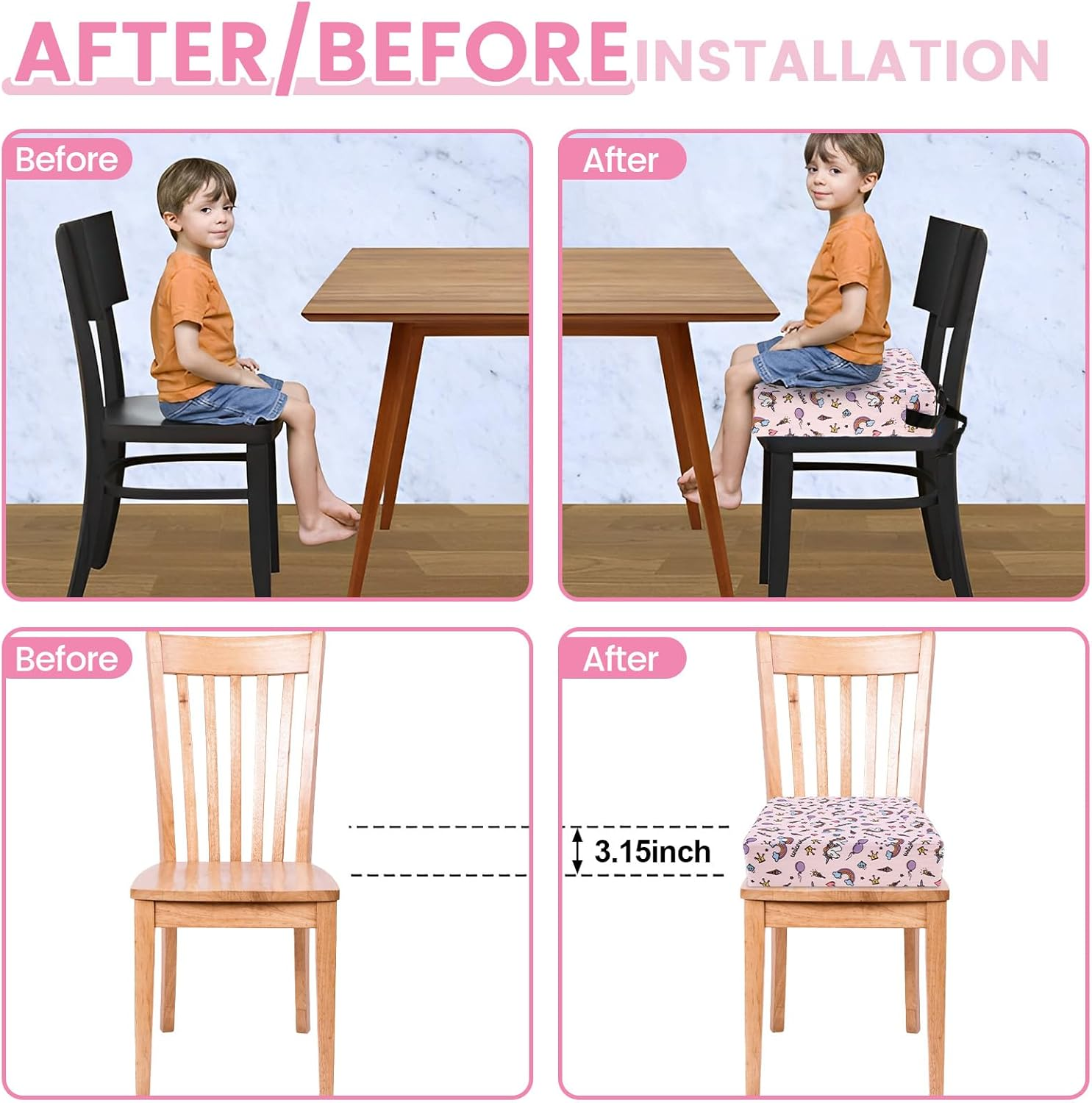 GOKENA Toddler Booster Seat Chair Increasing Cushion Soft Breathable Booster Seat Pad Dismountable Portable Washable Booster Seat Non-Slip Bottom Booster Chair Cushion for Toddlers Eating (Pink) image number 2