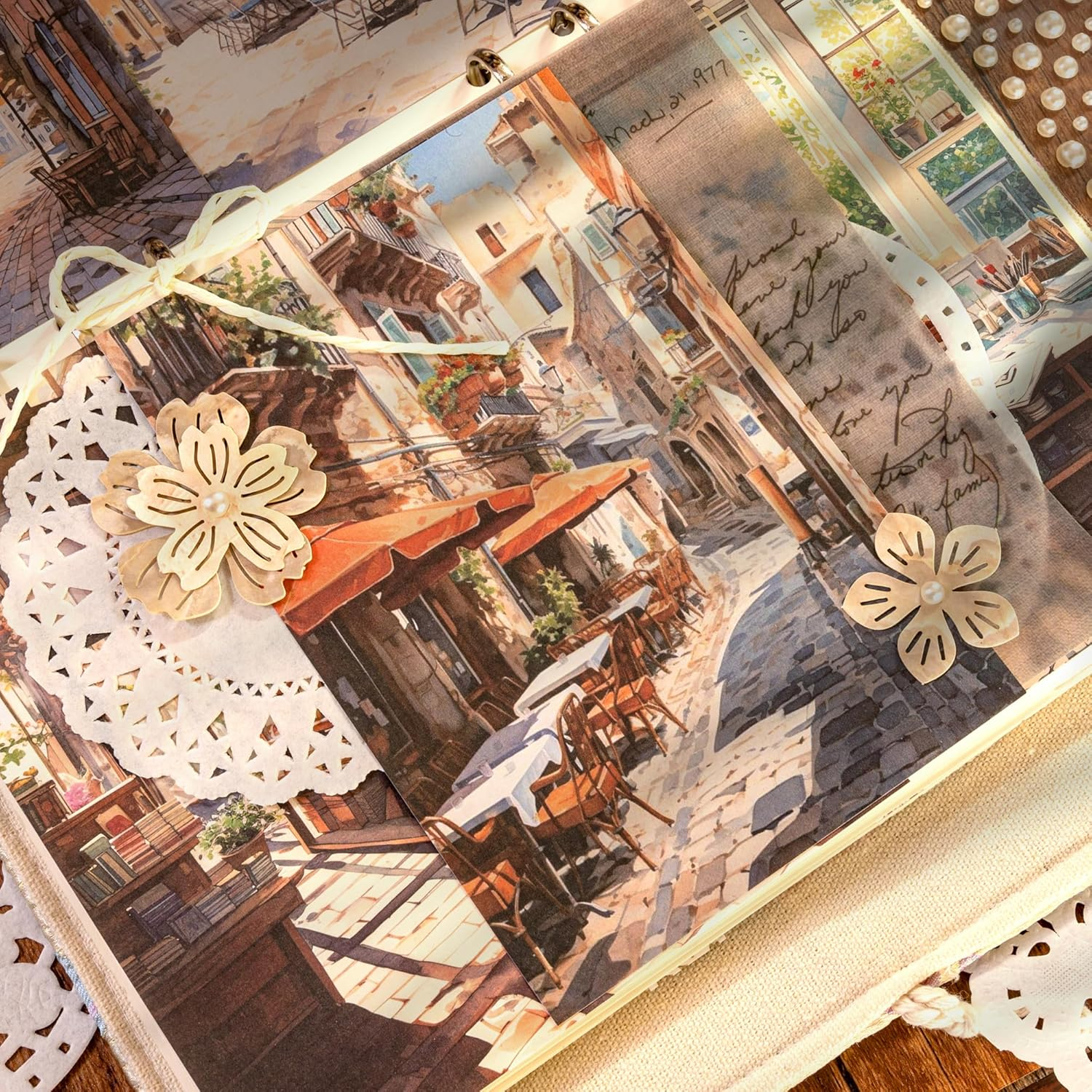 2 Packs Scrapbook Paper Street Natural Scenery Decoupage Background Paper Vintage Watercolor Style Collage Paper with Sticky Pearl for Journal Planner Card Making Crafting Collaging Wrapping (Alva) image number 1