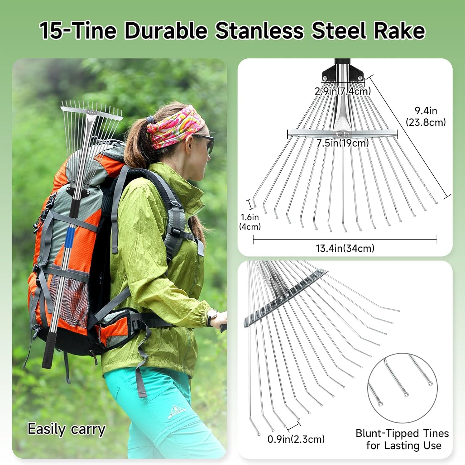 KOMCLUB Metal Rake 68&rdquo; ,Garden Expandable Leaf Rake with Adjustable Handle, Adjustable Head, Thatch Rake Leaf Collector, Rakes for Garden Lawn Yard Flower Bed Cleaning image number 4