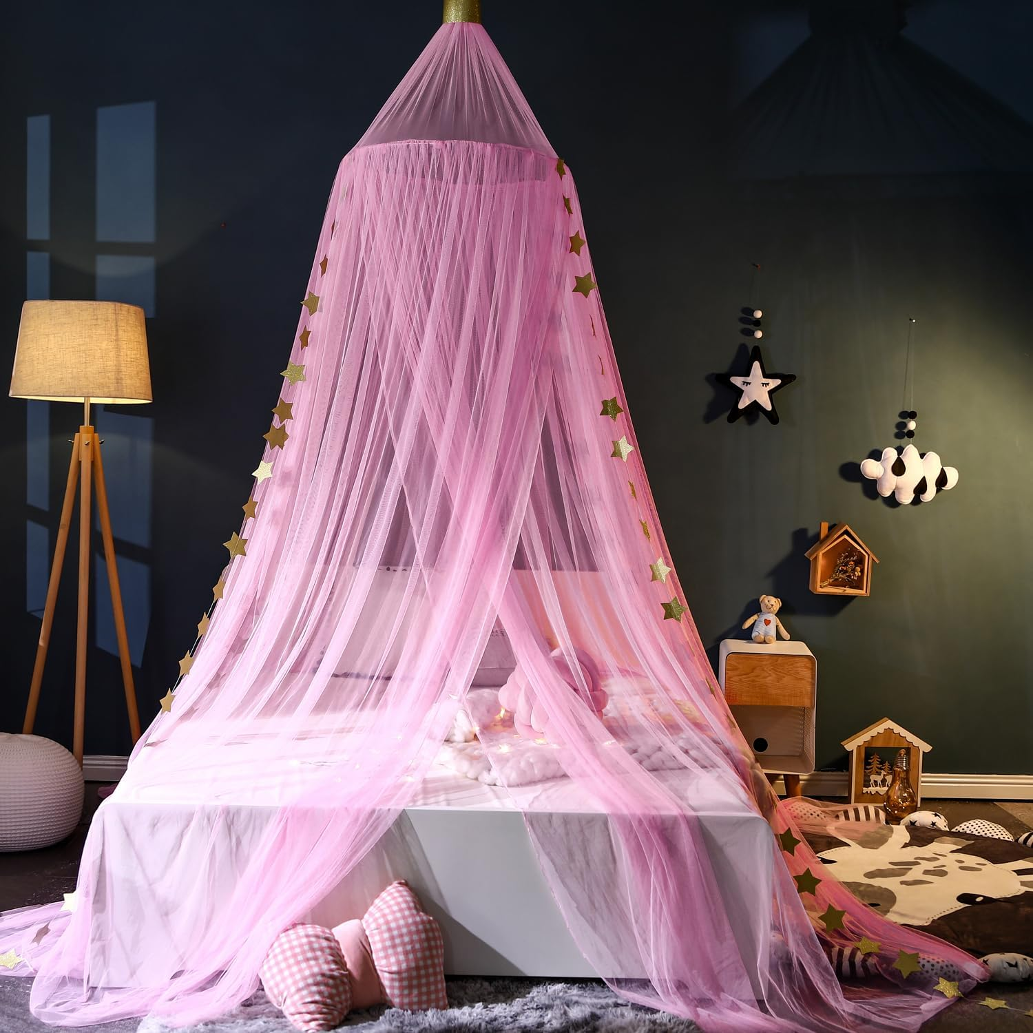 Crown Bed Canopy Mosquito Net with round Dome, Curtain Court Canopy with Stars Decor for Baby Crib, Kid Bed, Play Tent, Children Reading Nook Canopies Indoor, Hanging Bed Net Decoration (White)