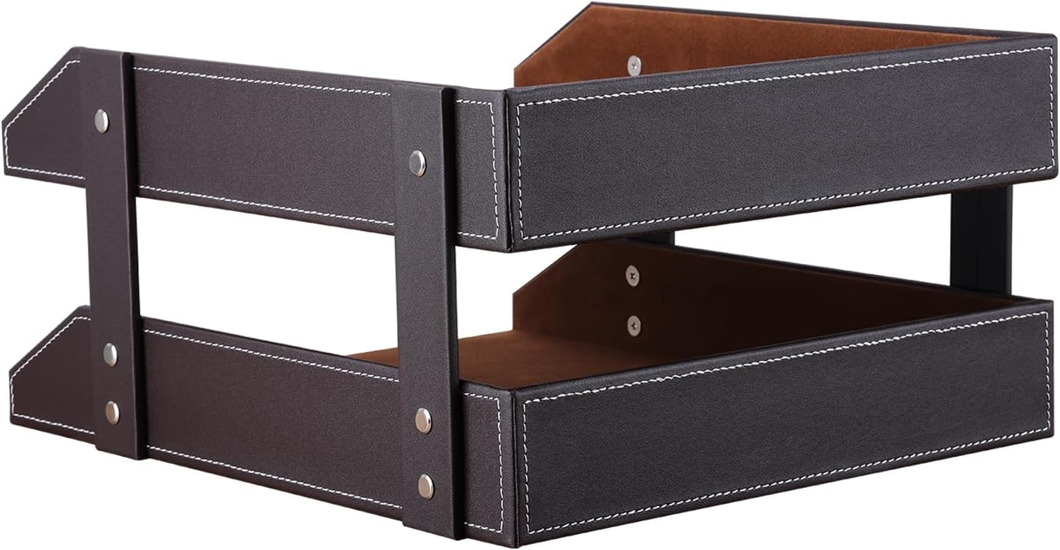 KINGFOM Office Desktop Files Collection Letter Tray A4 Print Papers Document Holder Leather Wooden Structure 2 Trays (Brown) A230-Brown image number 3