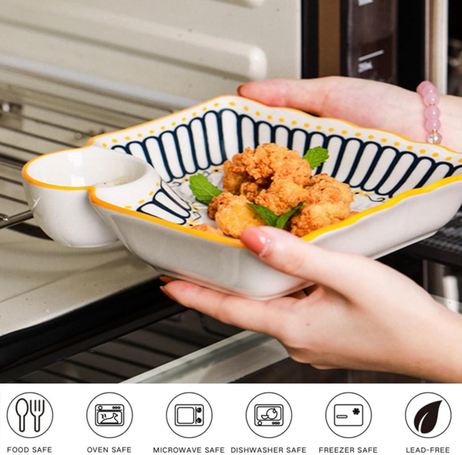 Noamus 4 Pack Dumpling Plate with Dipping Saucer, 7.5" Ceramic Japanese Sushi Platter, Colorful Square Serving Plate with Dish for Home Kitchen, Snack Dessert Salad Fries Fruit Gyoza