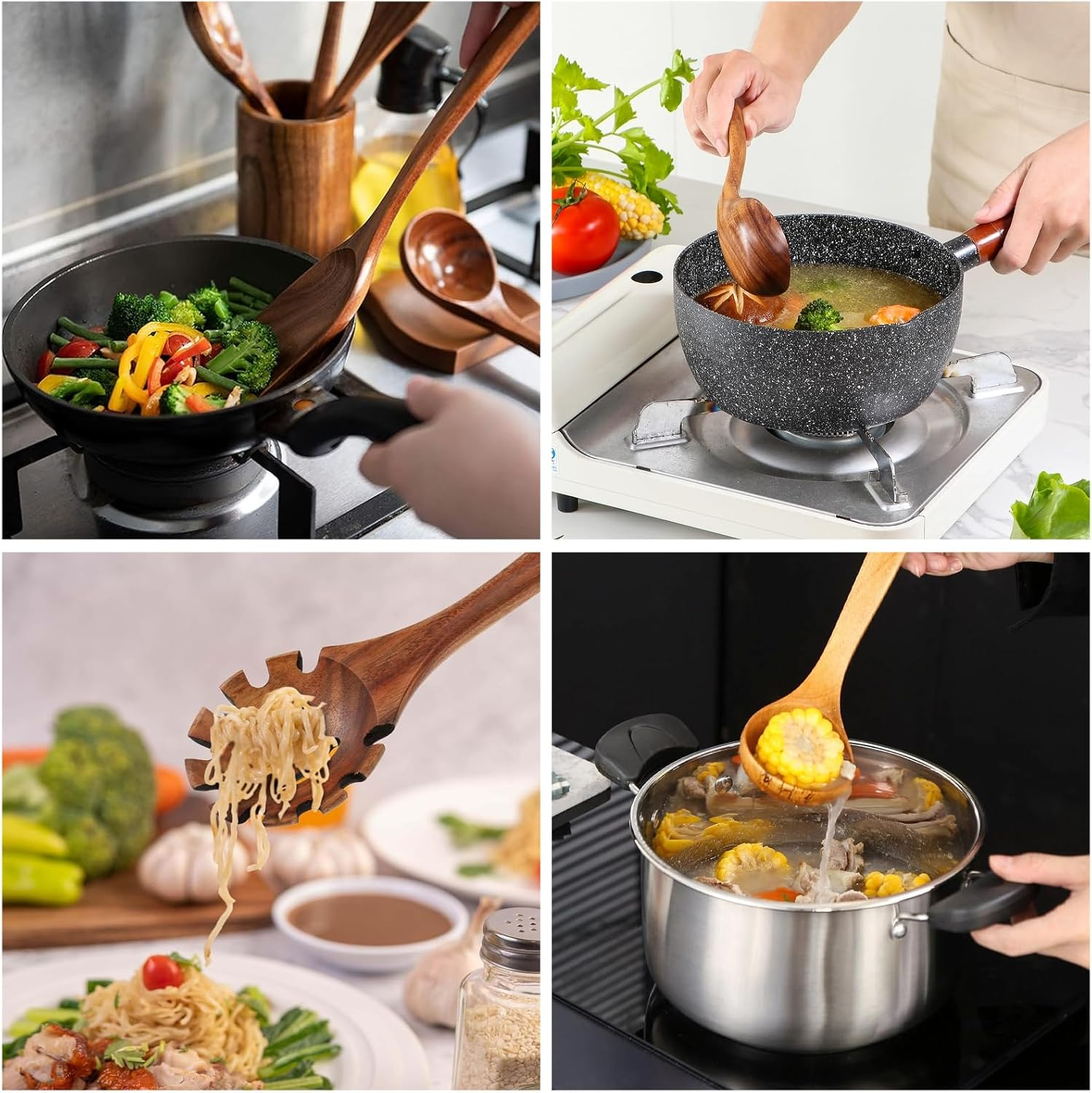 CATZONS 11 Pcs Wooden Cooking Utensils Set - with Holder & Spoon Rest, Smooth Finish Comfort Grip Teak Spatula Set