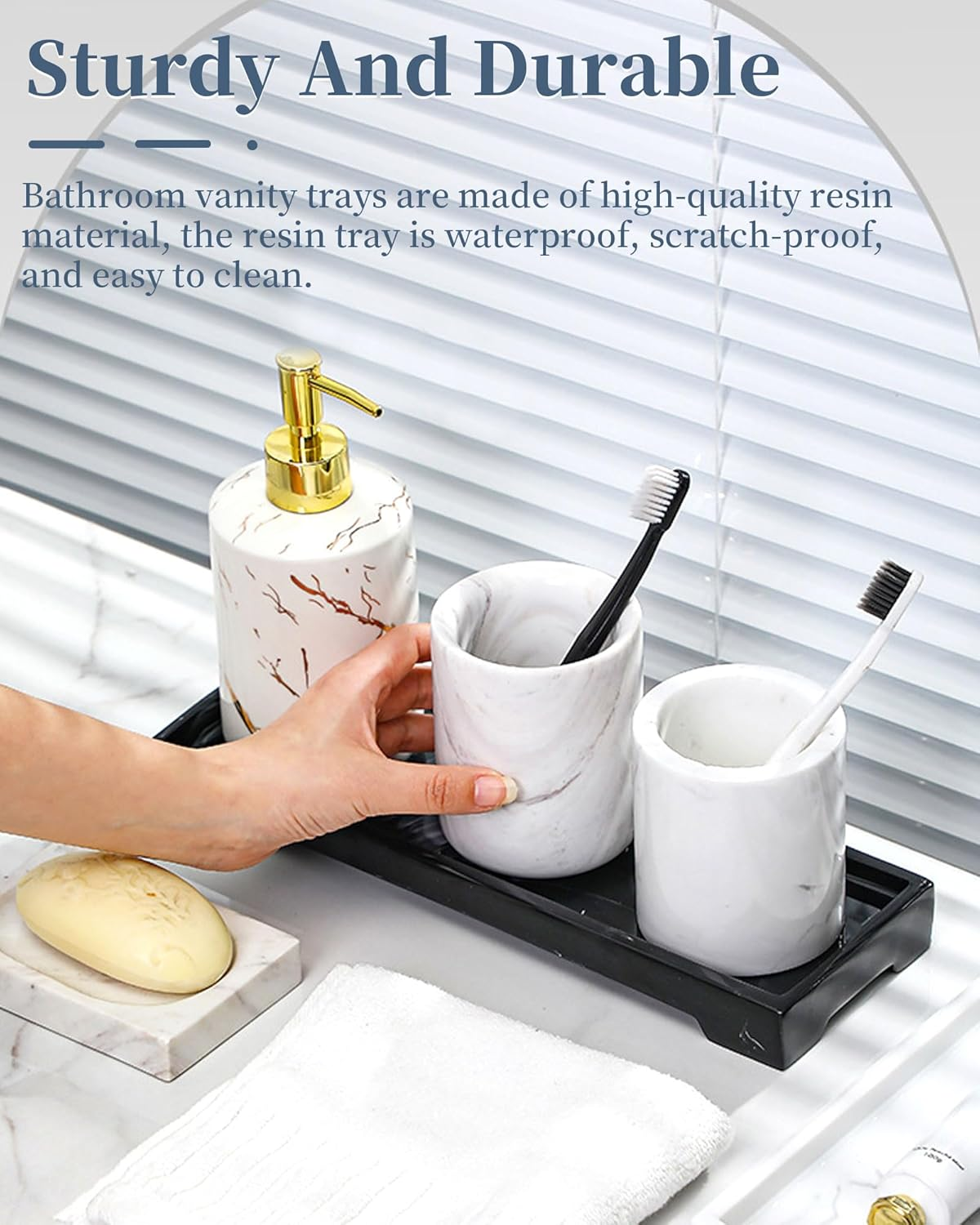 Marble Resin Bathroom Vanity Tray 11.22X 4.13 Inch Rectangle Black Organizer Tray for Soap Dispenser, Perfume, Jewelry, Toilet Tank & Kitchen Sink Storage Tray image number 2