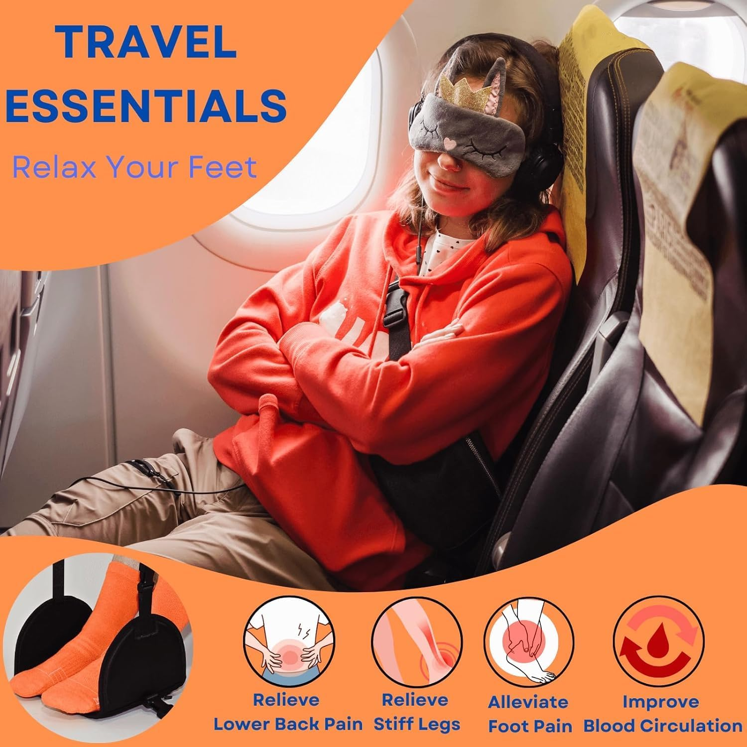 DULCE DOM Portable Airplane Footrest - Premium Memory Foam & Reinforced Hardboard Support Anti-Slip Adjustable Straps Compact Foldable Design for Plane, Train & Car Travel image number 2